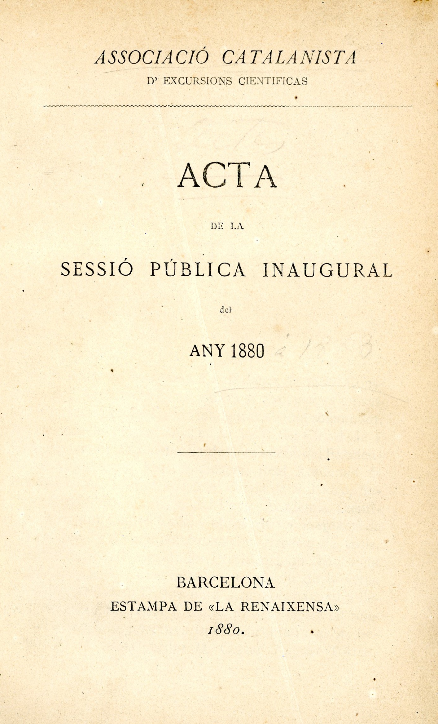 Acta de la sessió pública inaugural del any 1880 - Portada
