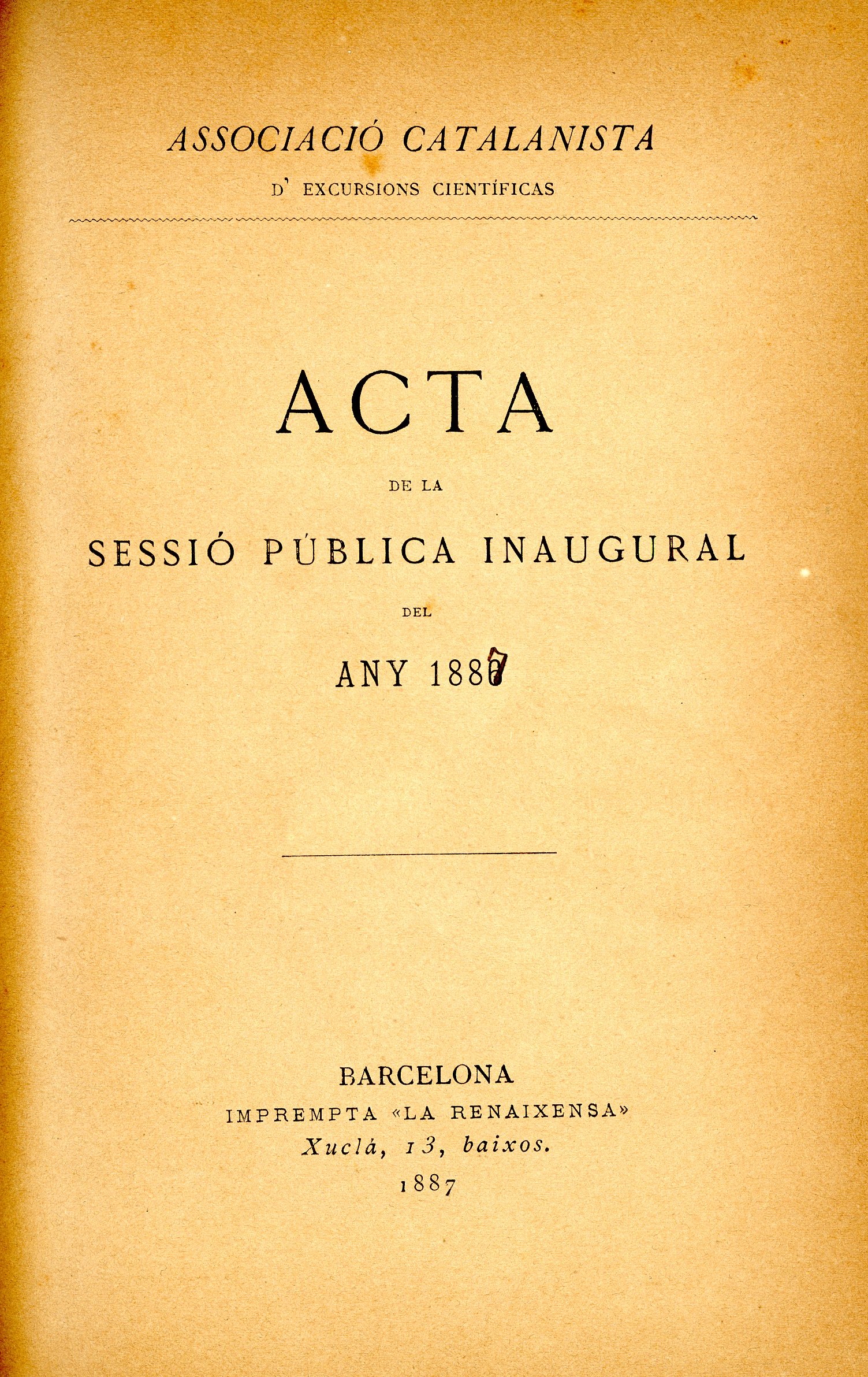 Acta de la sessió pública inaugural del any 1886 [i.e. 1887] - Portada