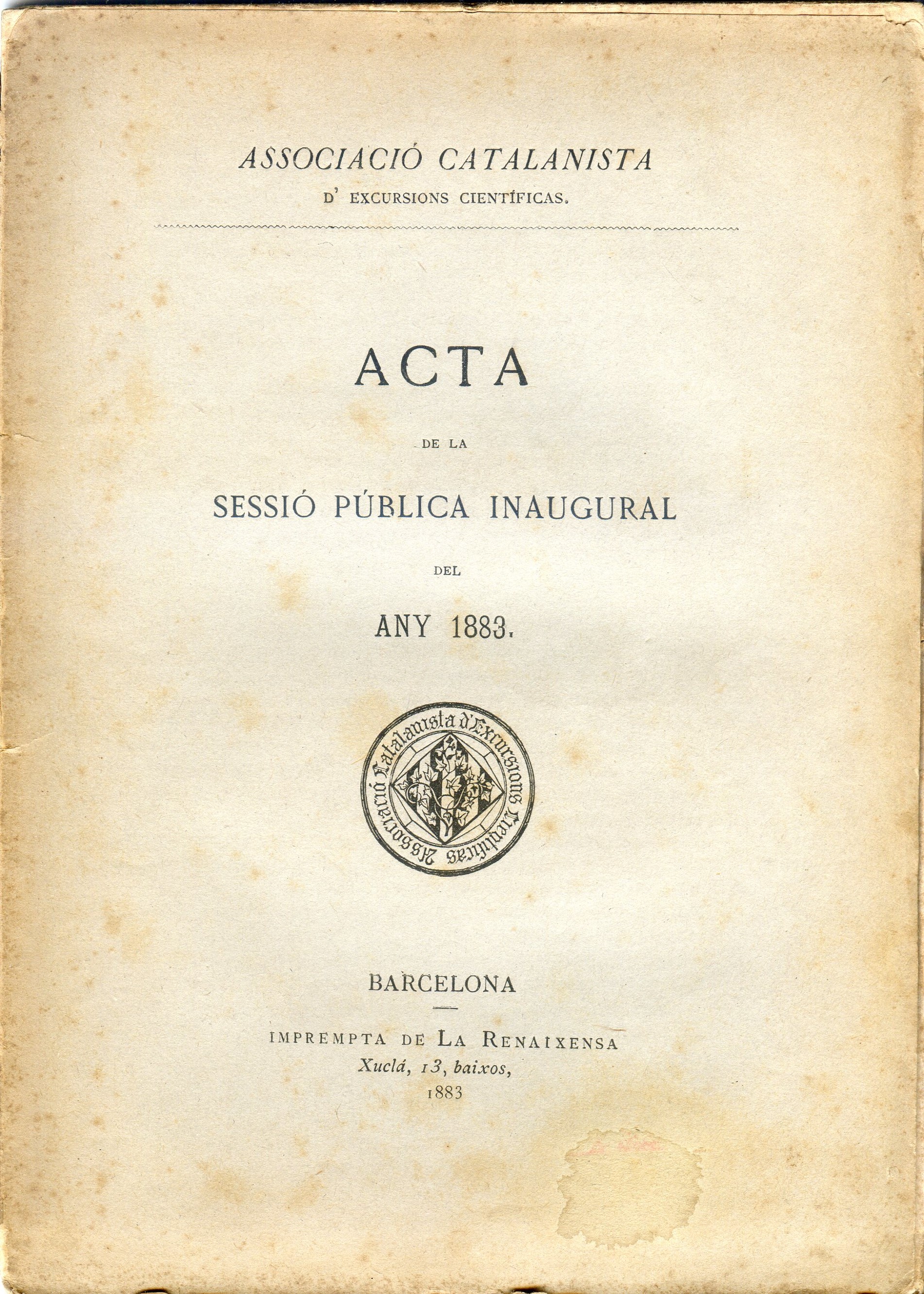 Acta de la sessió pública inaugural del any 1883 - Portada