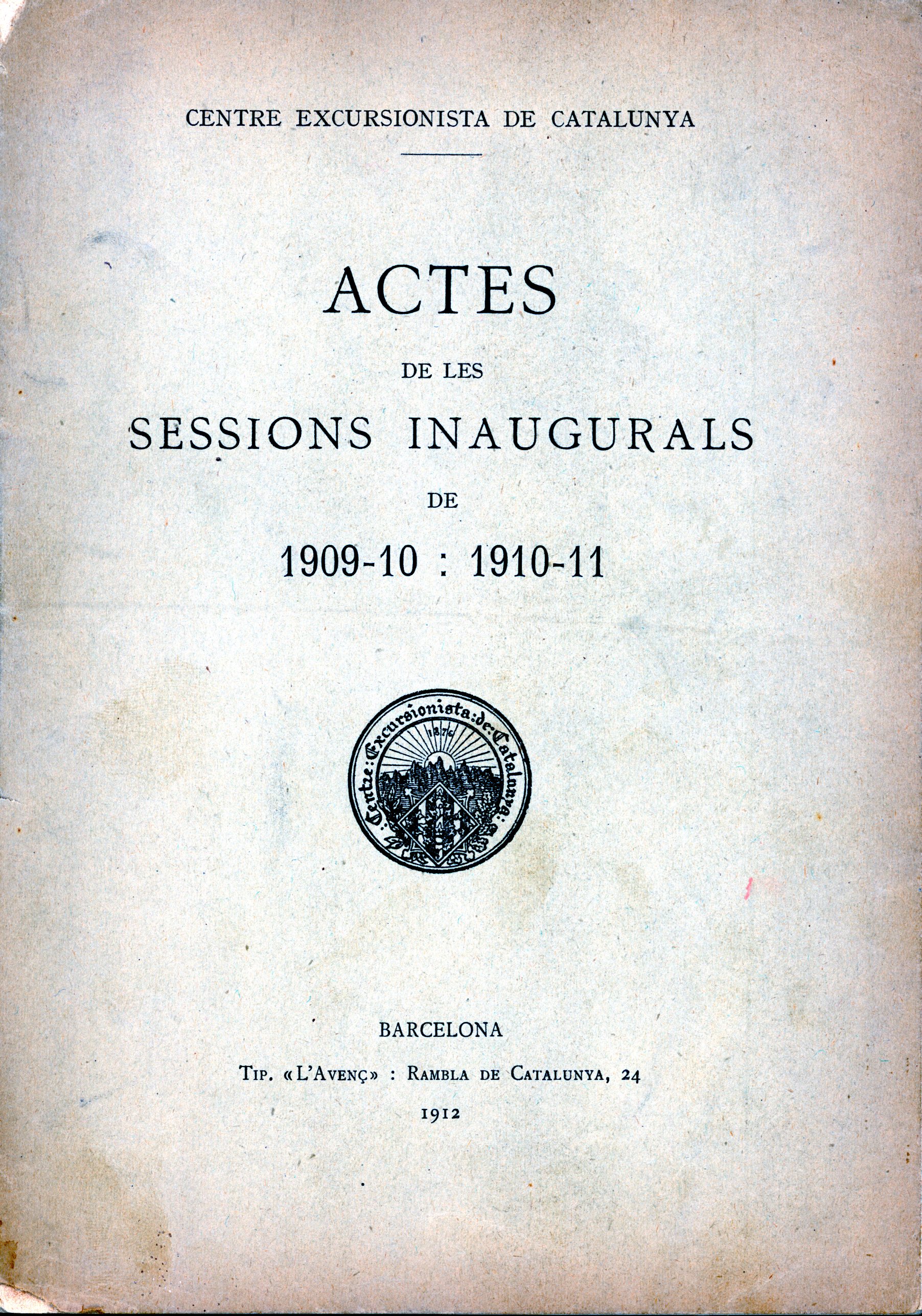 Actes de les sessions inaugurals de 1909-10 : 1910-11 - Portada