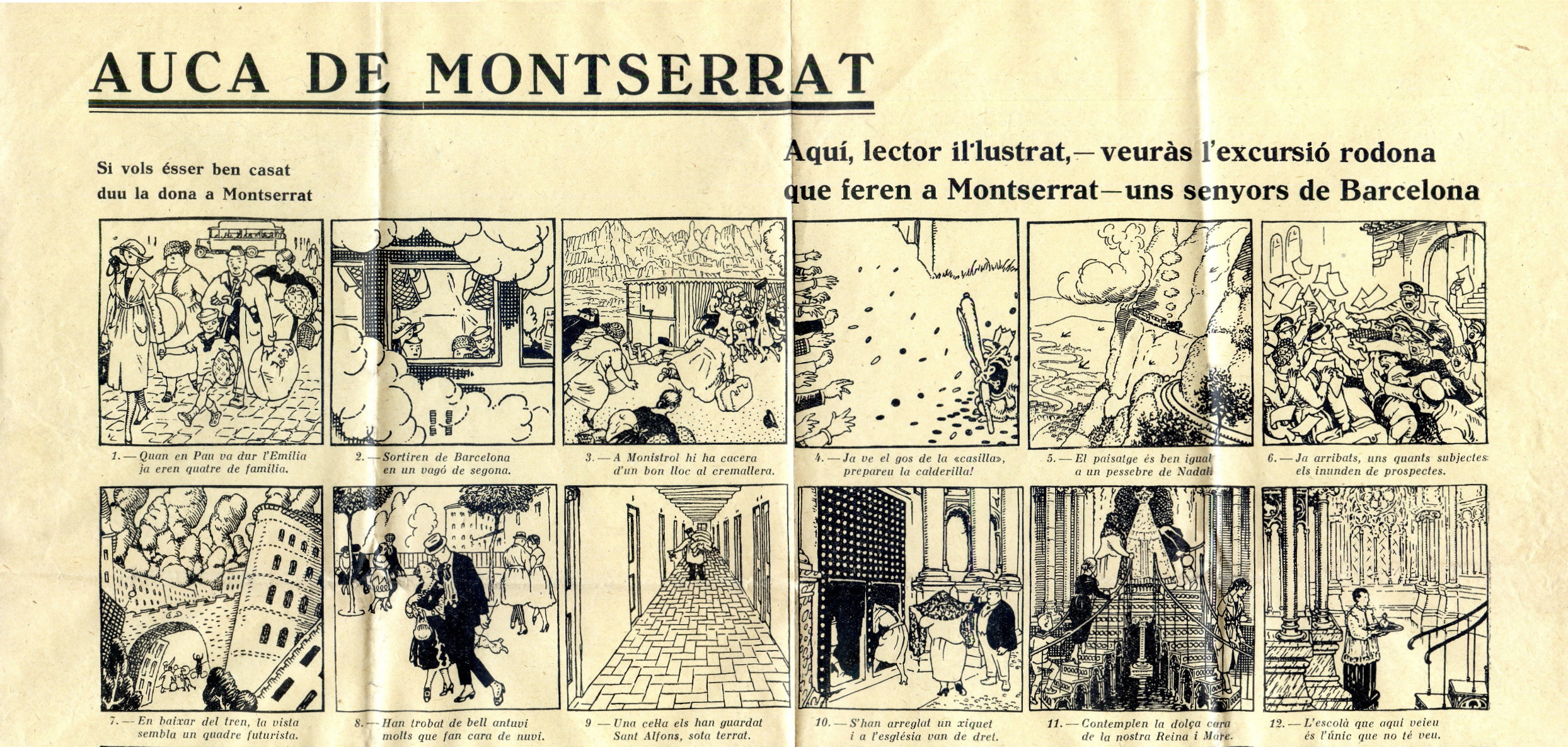 Auca de Montserrat : Aquí, lector il·lustrat, -veuràs l'excursió rodona que feren a Montserrat- uns senyors de Barcelona : Si vols ésser ben casat duu la dona a Montserrat - Portada