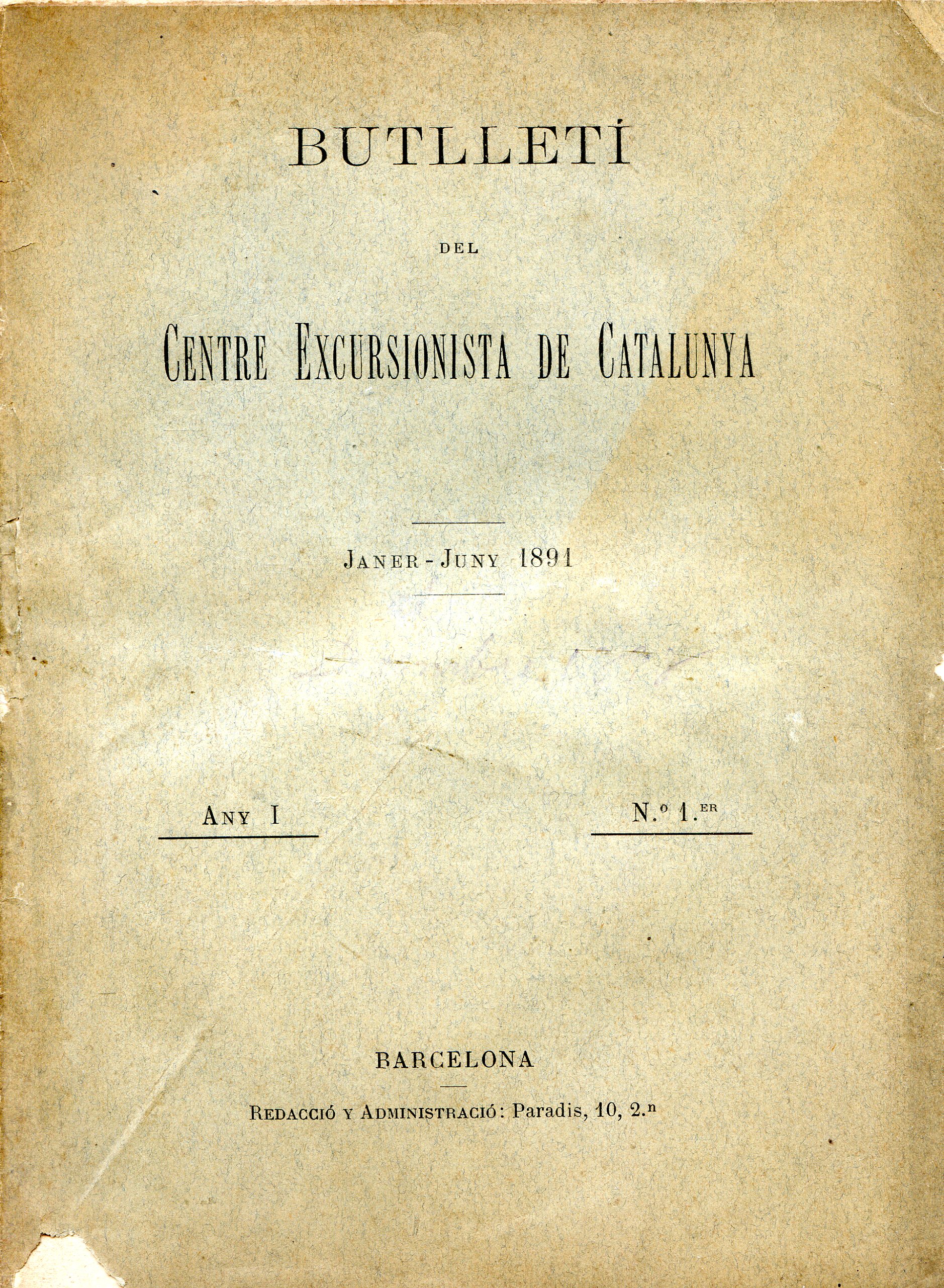 Butlletí del Centre Excursionista de Catalunya : Janer-juny 1891 : Any I  n.º 1er - Portada