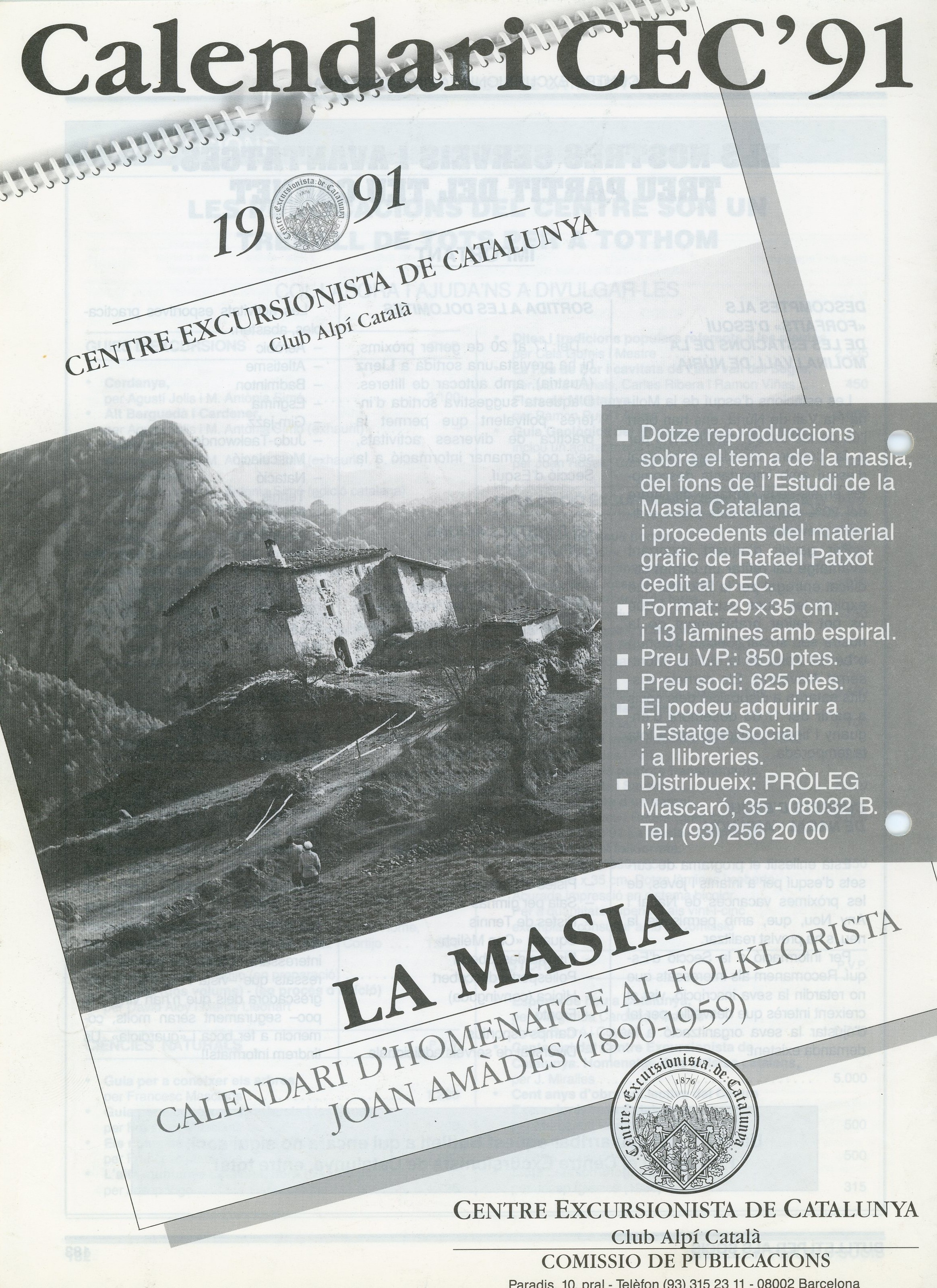 masia, La : Homenatge al folkorista Joan Amades (1890-1959) [Calendari CEC'91] - Portada
