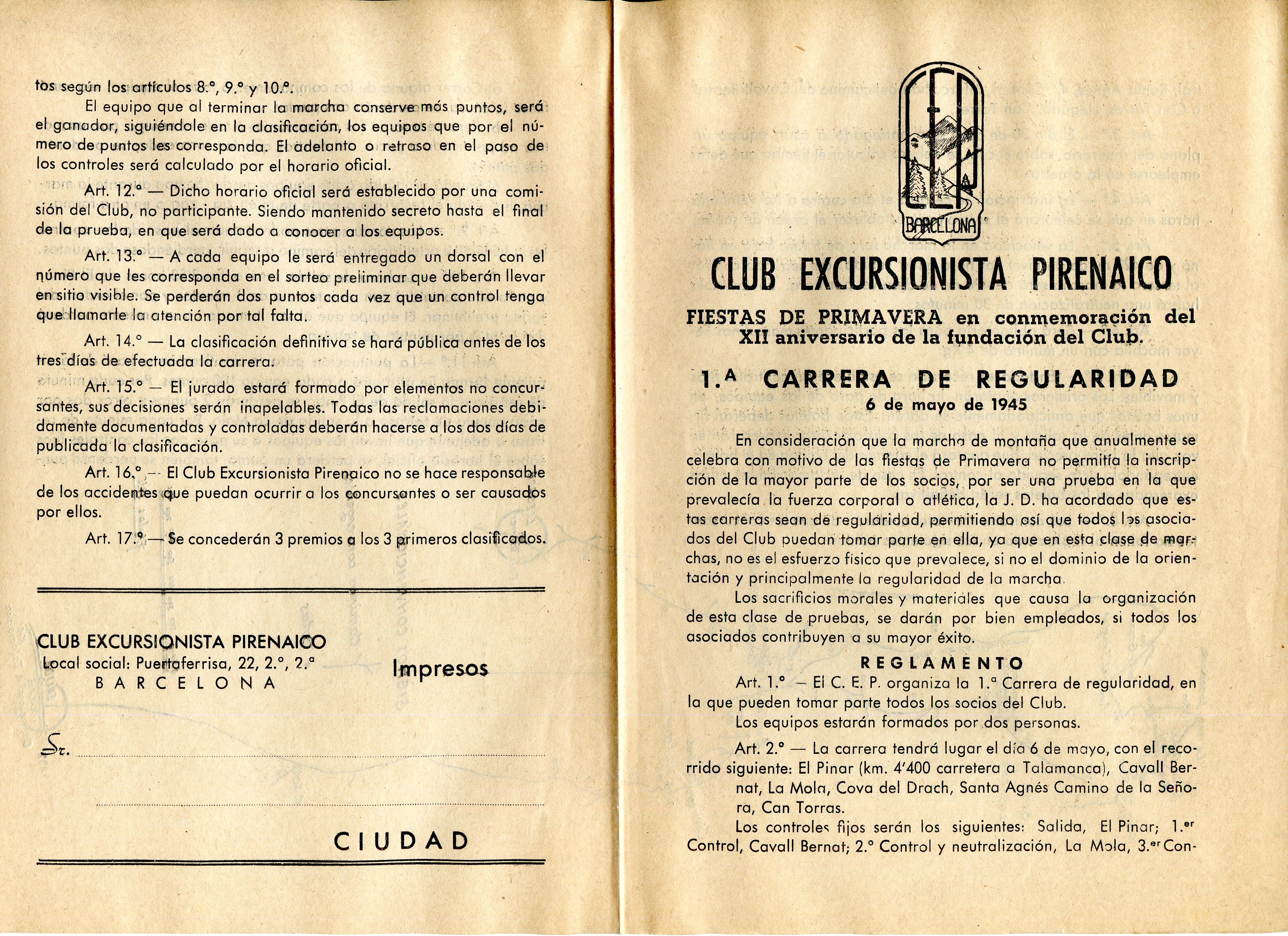 Fiestas de Primavera en conmemoración del XII aniversario de la fundación del Club : 1.ª Carrera de Regularidad : 6 de mayo de 1945 - Portada