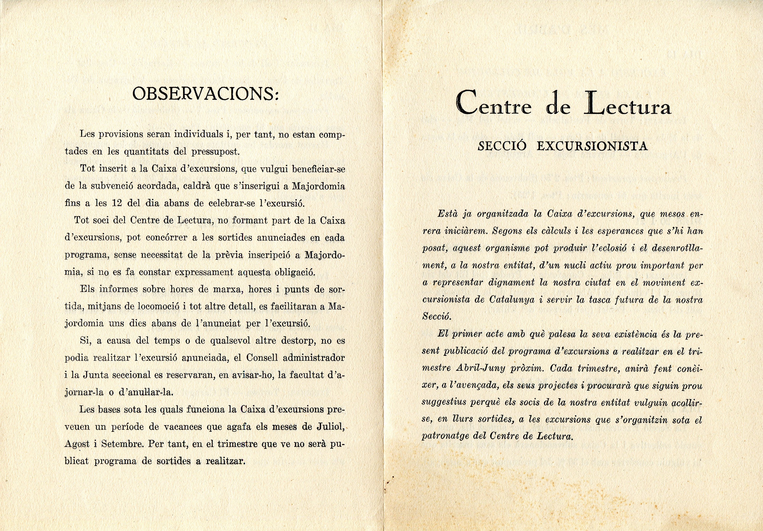 Centre de Lectura : Secció Excursionista : [Caixa d'excursions] - Portada