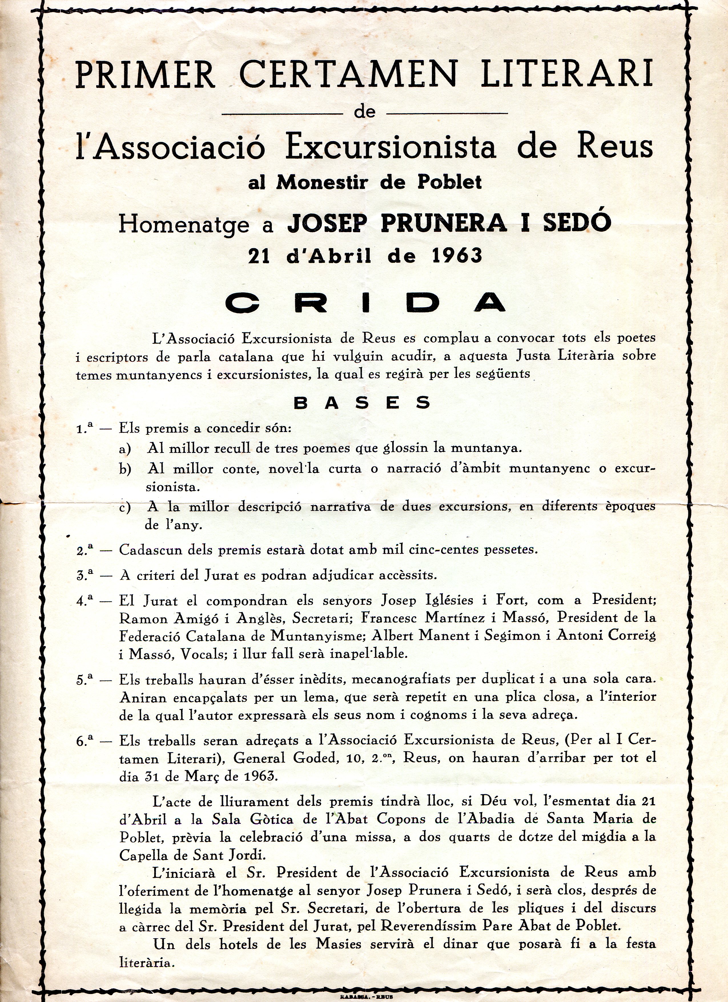 Primer Certamen Literari de l'Associació Excursionista de Reus : Homenatge a Josep Prunera i Sedó : 21 d'abril de 1963 - Portada