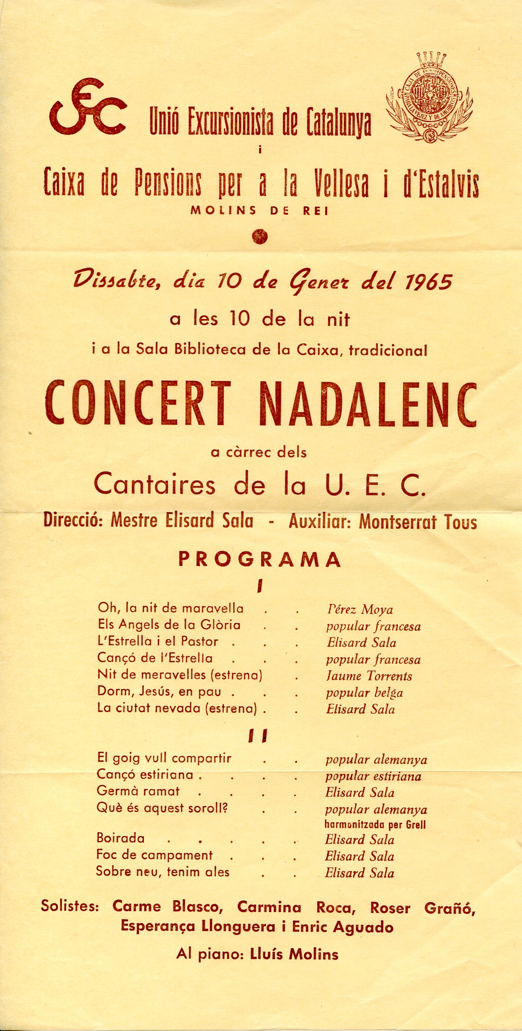 Concert Nadalenc a càrrec dels Cantaires de la U.E.C. : Direcció Mestre Elisard Sala - Auxiliar Montserrat Tous - Portada