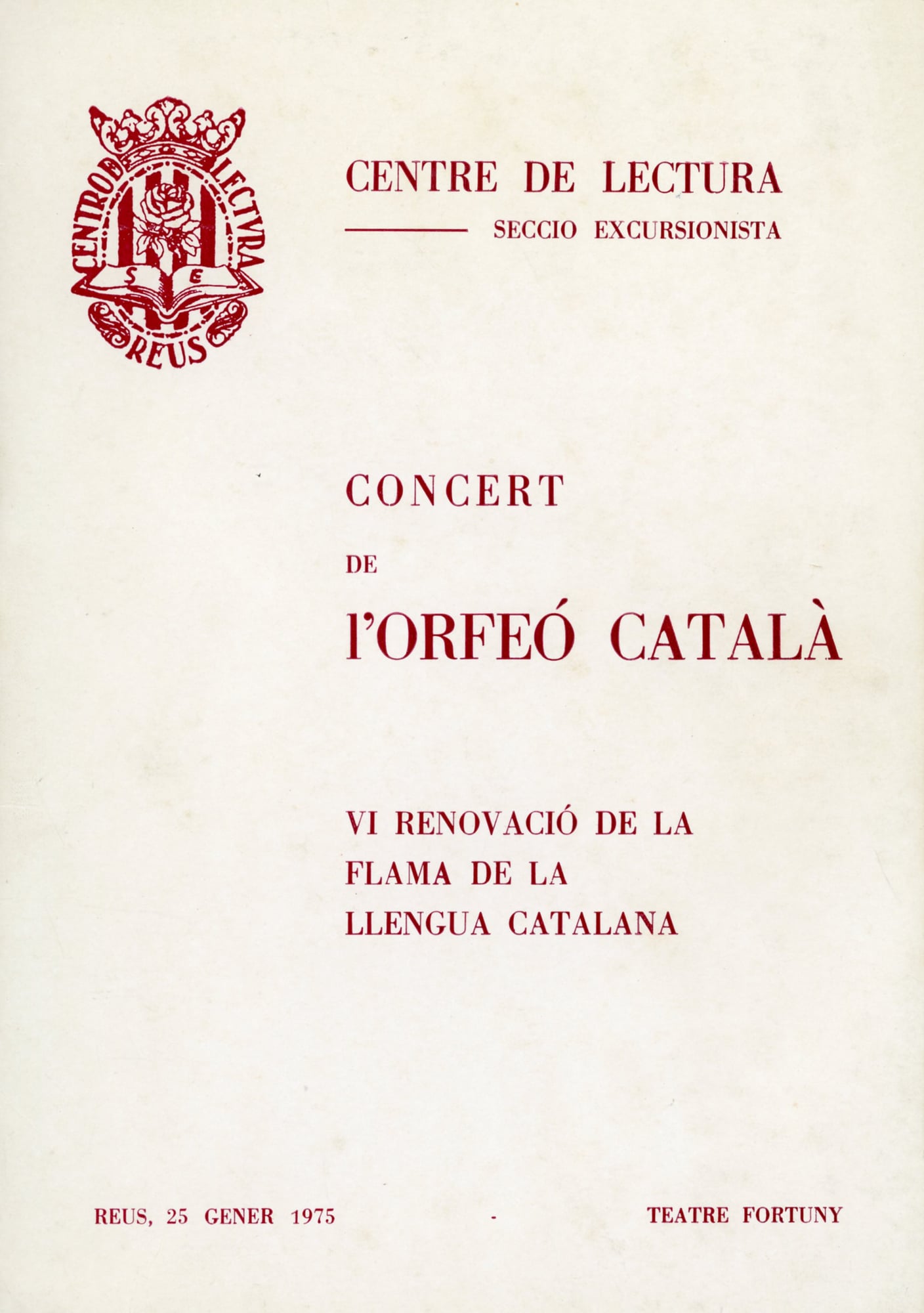 Concert de l'Orfeó Català : VI Renovació de la Flama de la Llengua Catalana : Reus, 25 gener 1975 : Teatre Fortuny - Portada