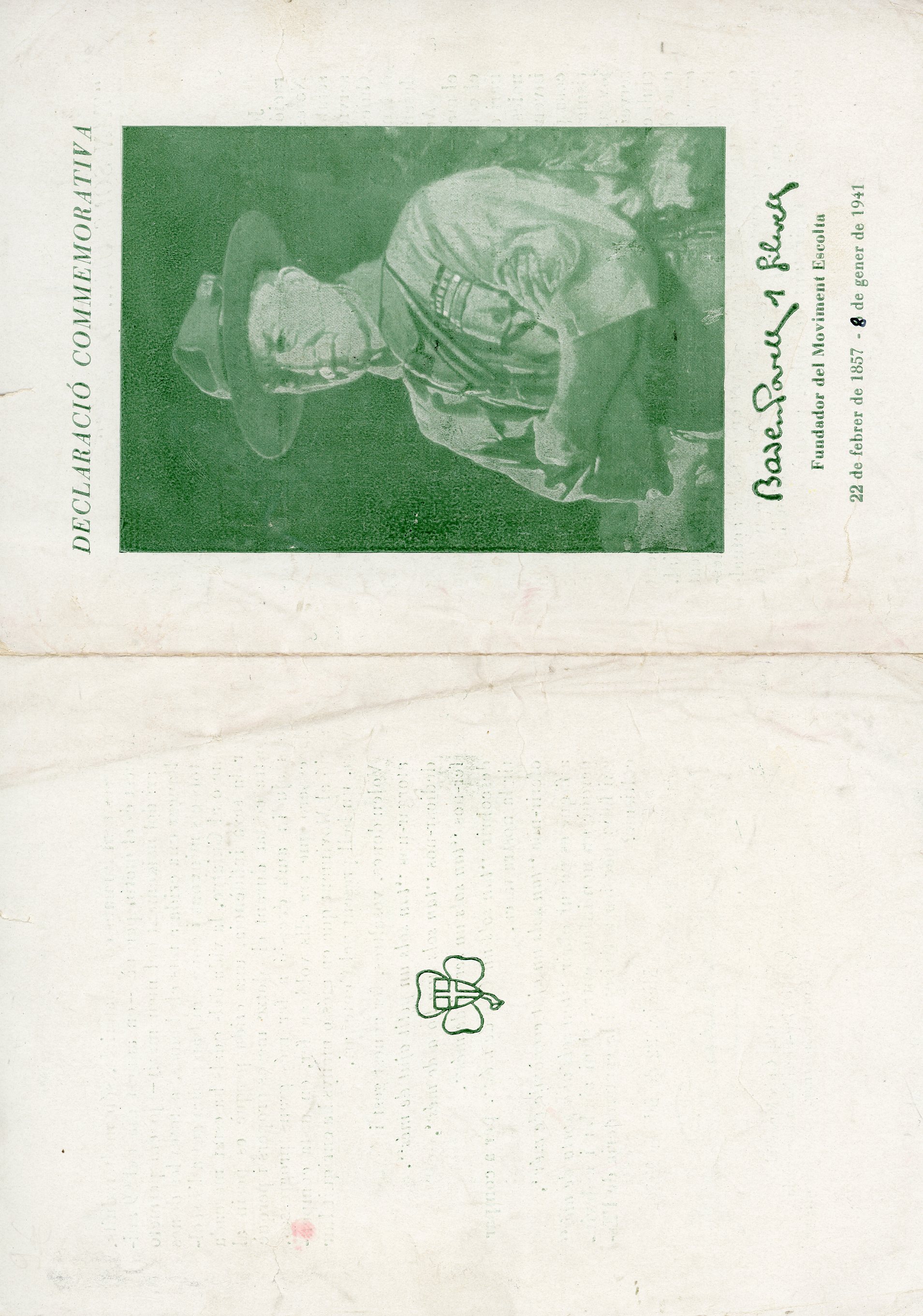 Declaració commemorativa : Baden Povell Gilwell : Fundador del Moviment Escolta : 22 de febrer de 1857 - 8 de gener de 1941 - Portada