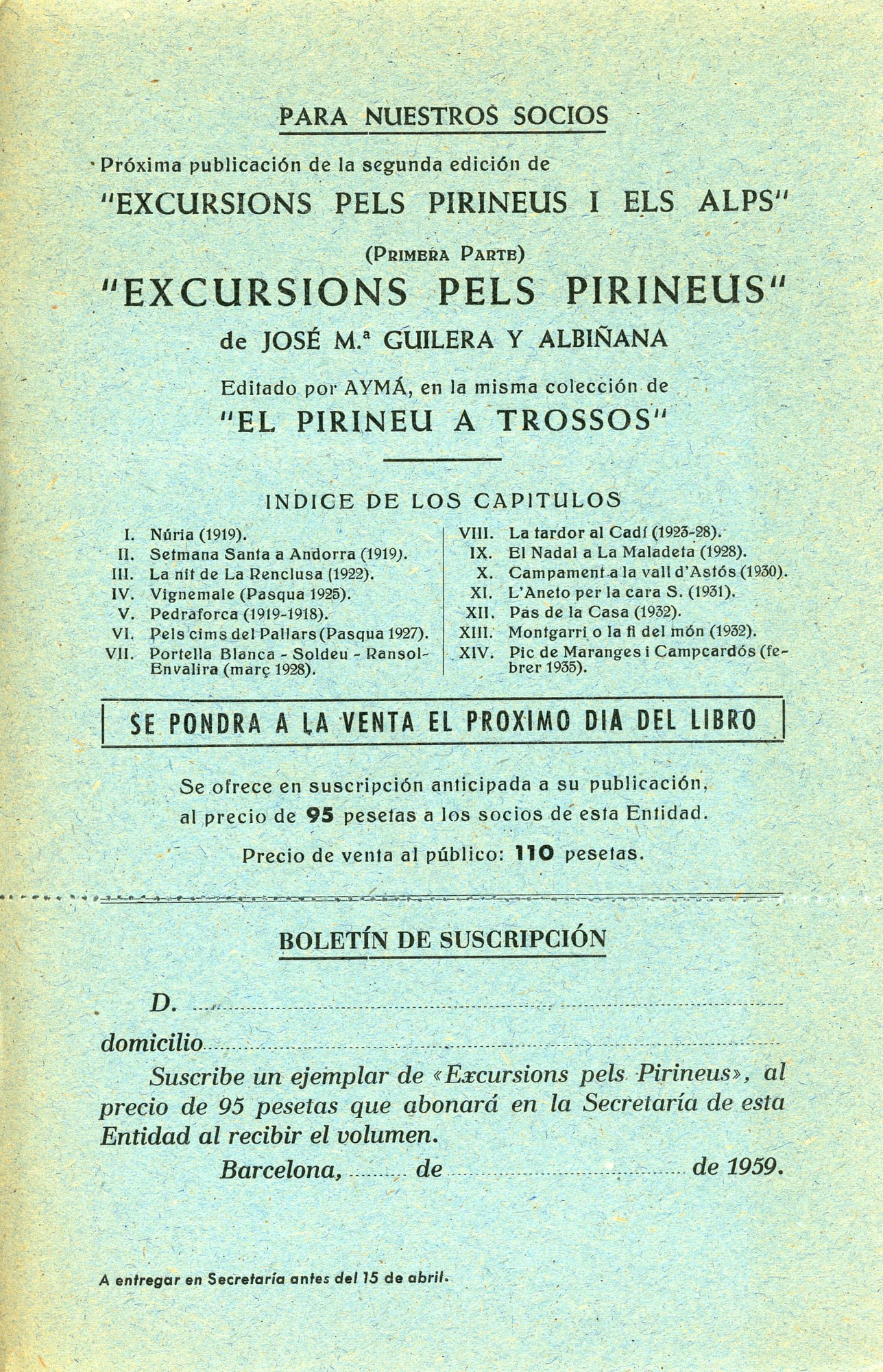 "Excursions pels Pirineus" : Boletín de subscriciones - Portada