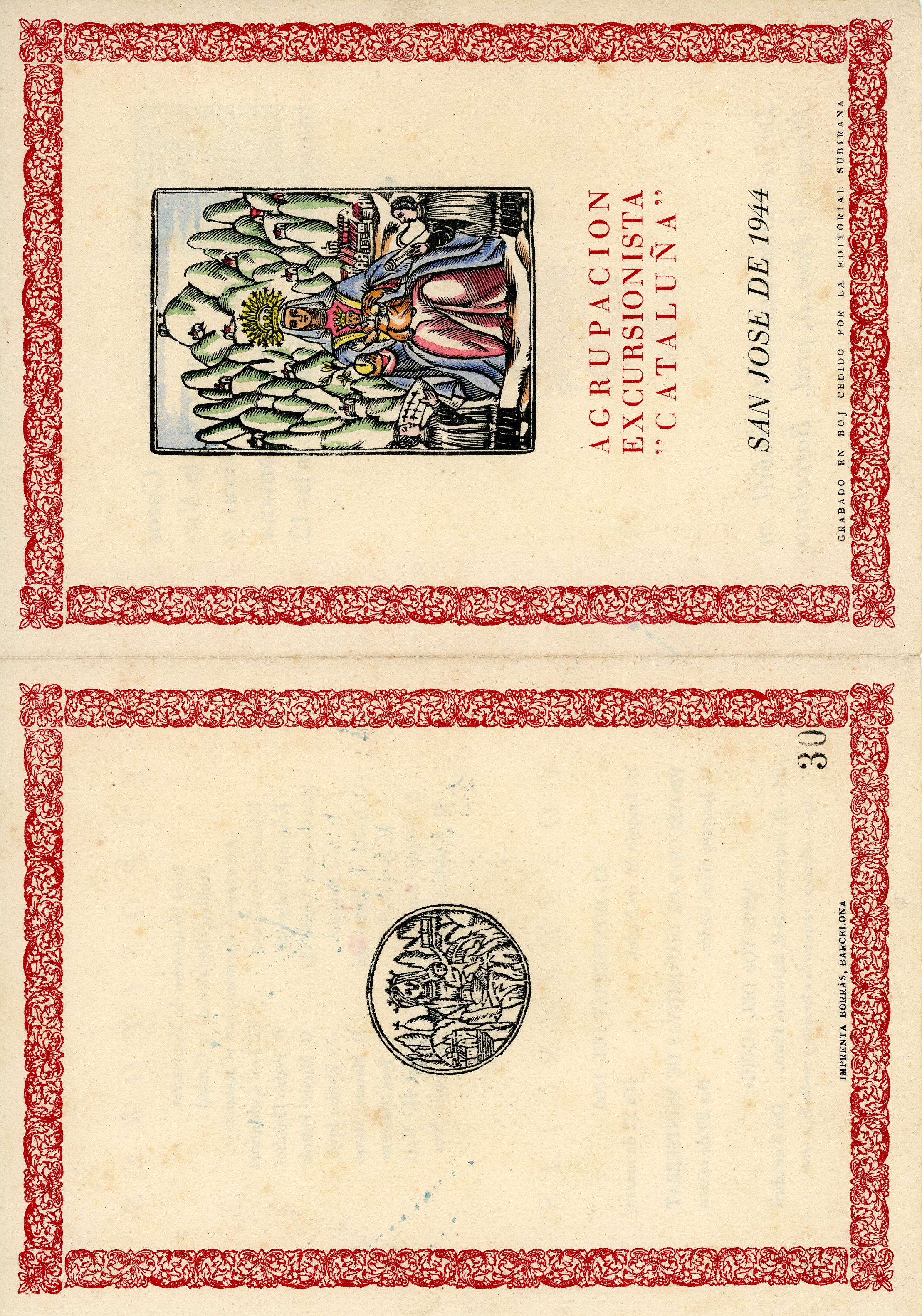 Agrupación Excursionista "Cataluña" : San José de 1944 : Exposición de Gozos y Grabados de la Virgen de Montserrat y de Santa Motaña - Portada