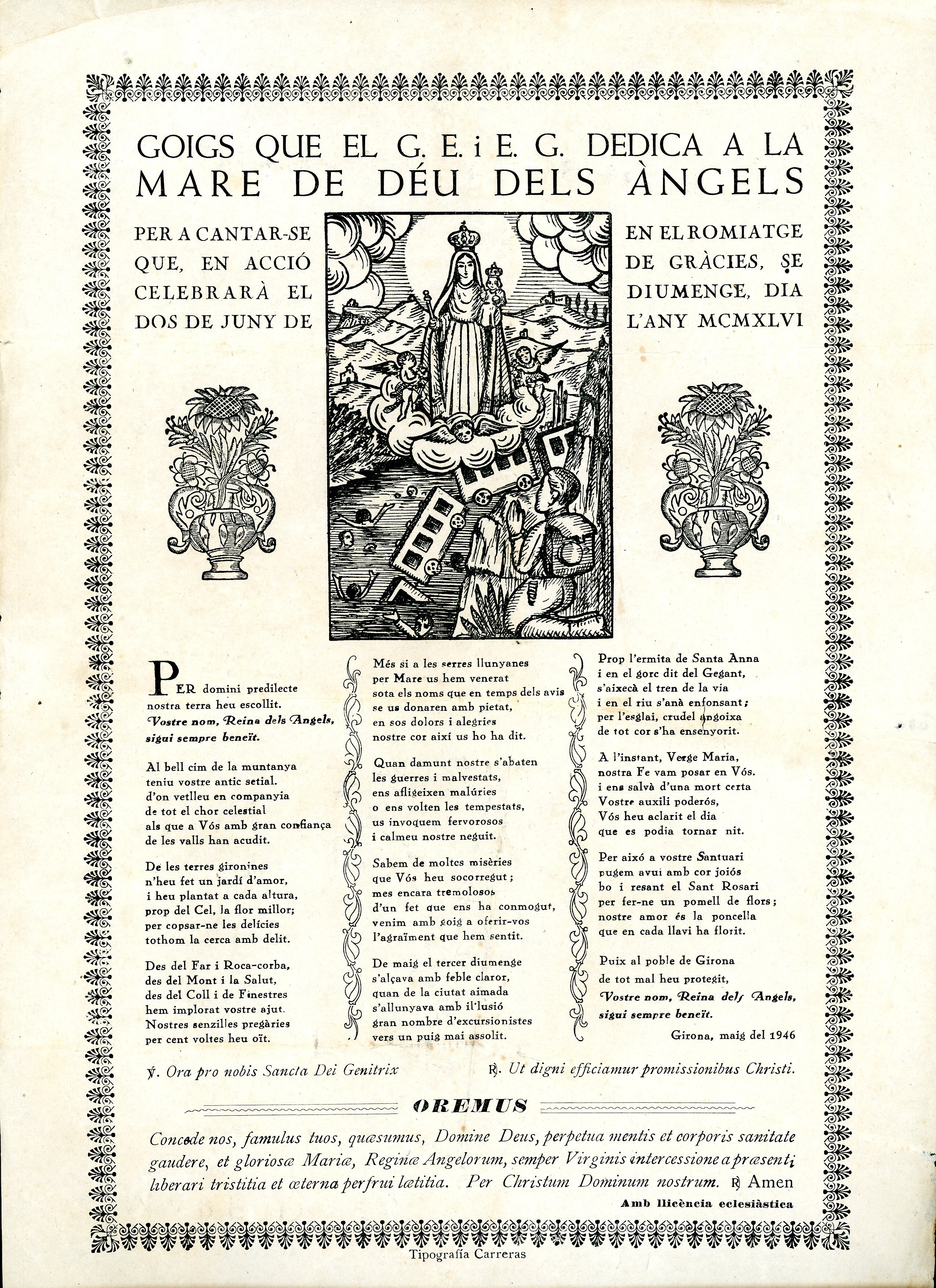 Goigs que el G.E. i E.G. dedica a la Mare de Déu dels Àngels : Per a cantar-se en el romiatge que en acció de gràcies se celebrarà el diumenge dia dos de juny de l'any MCMXLVI - Portada
