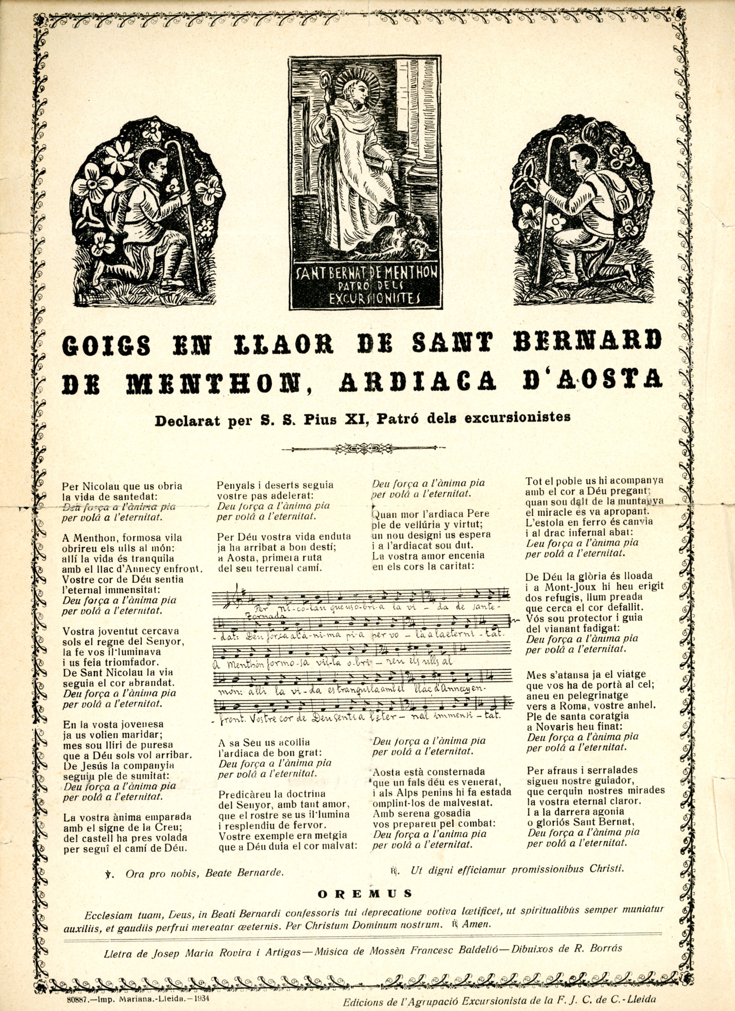 Goigs en llaor de Sant Bernard de Menthon, ardiaca d'Aosta : Declarat per S. S. Pius XI, Patró dels excursionistes - Portada