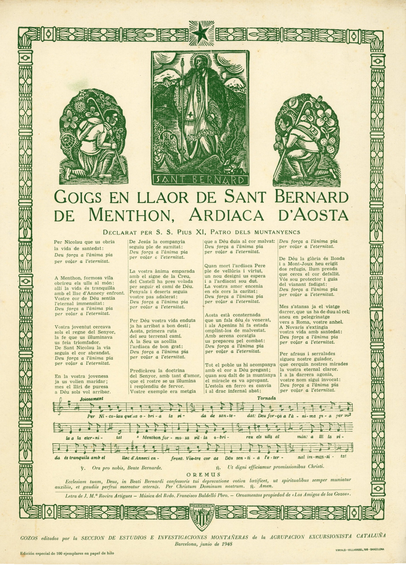 Goigs en llaor de Sant Bernard de Menthon, Ardiaca d'Aosta : Declarat per S. S. Pius XI, patró dels muntanyencs - Portada