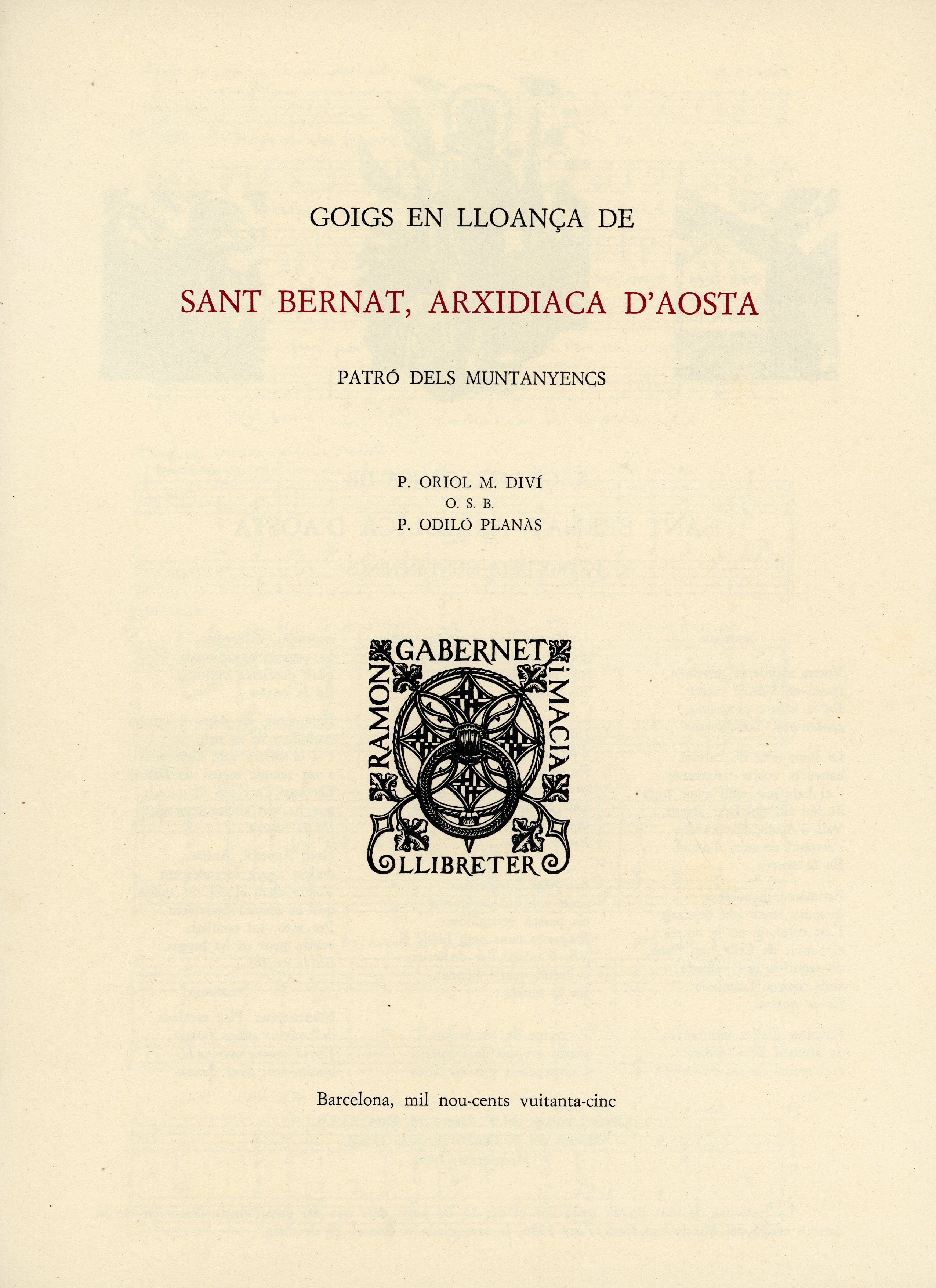 Goigs en lloança de Sant Bernat, arxidiaca d'Aosta : Patró dels muntanyencs - Portada