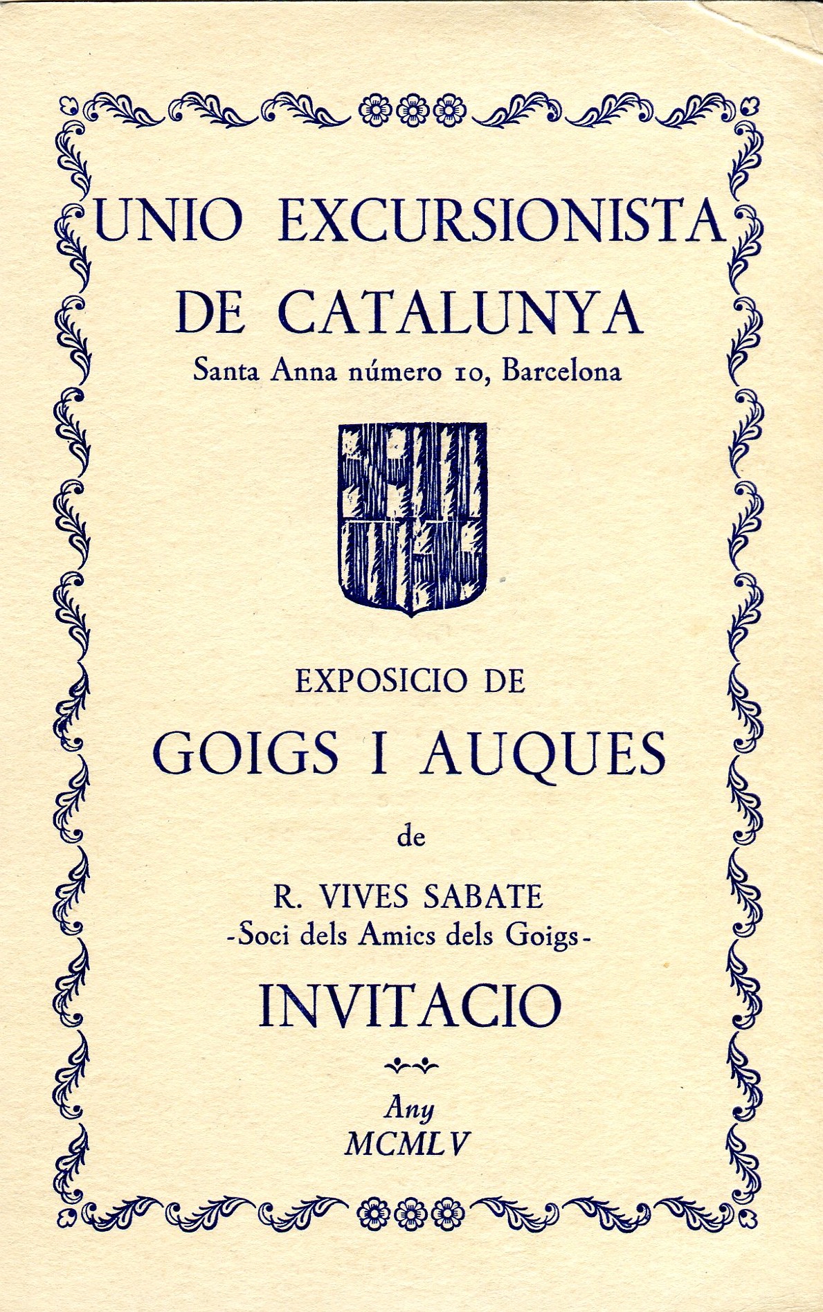 Exposició de goigs i auques de R. Vives Sabaté -Soci dels Amics dels Goigs- : Invitació : Any MCMLV - Portada