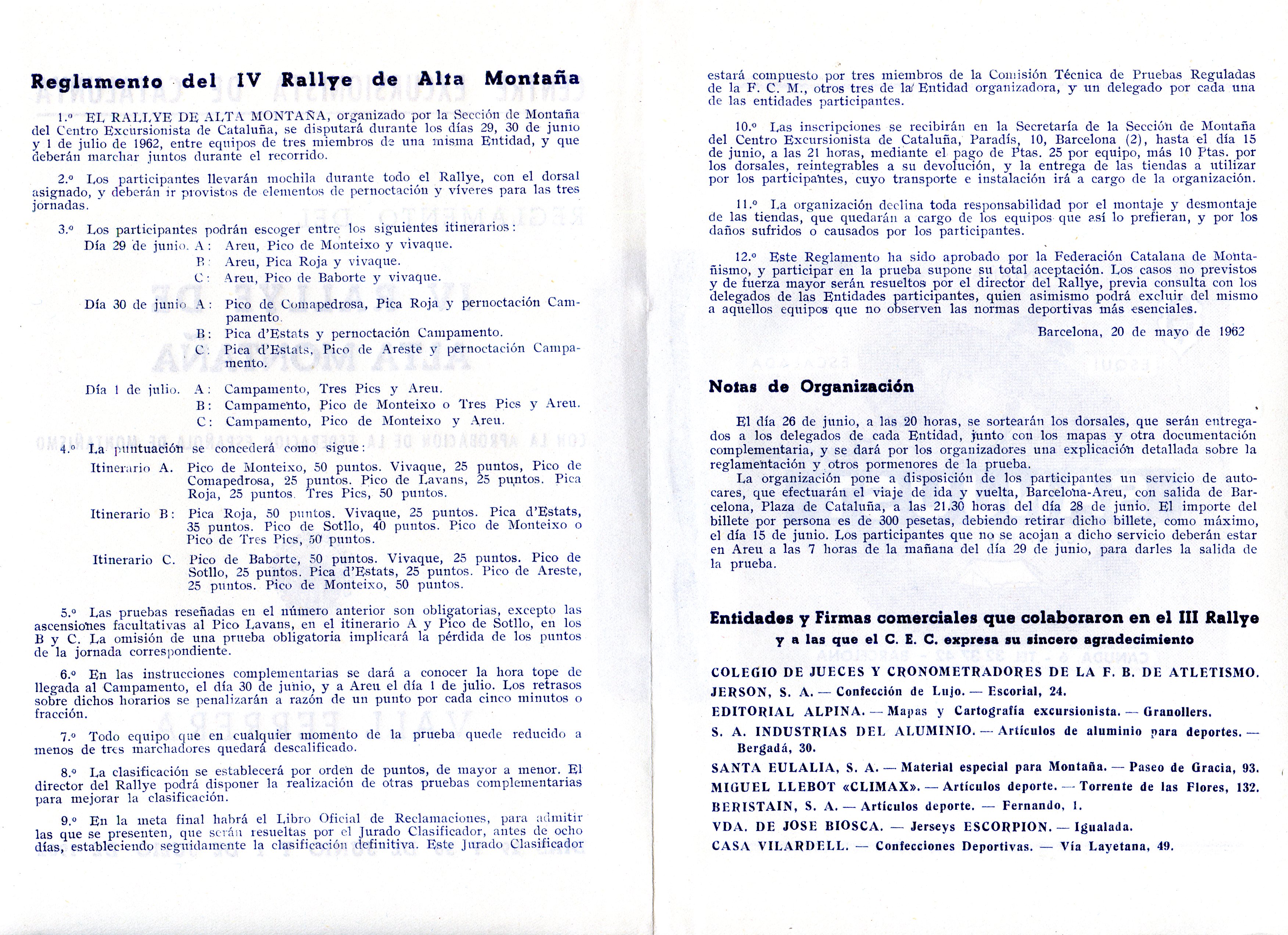 Reglamento del IV Rallye de alta montaña con la aprovación de la Feeración Española de Montañismo : Vall Ferrera : Días 29 y 30 de junio y 1 de julio de 1962 - Miniatura 2