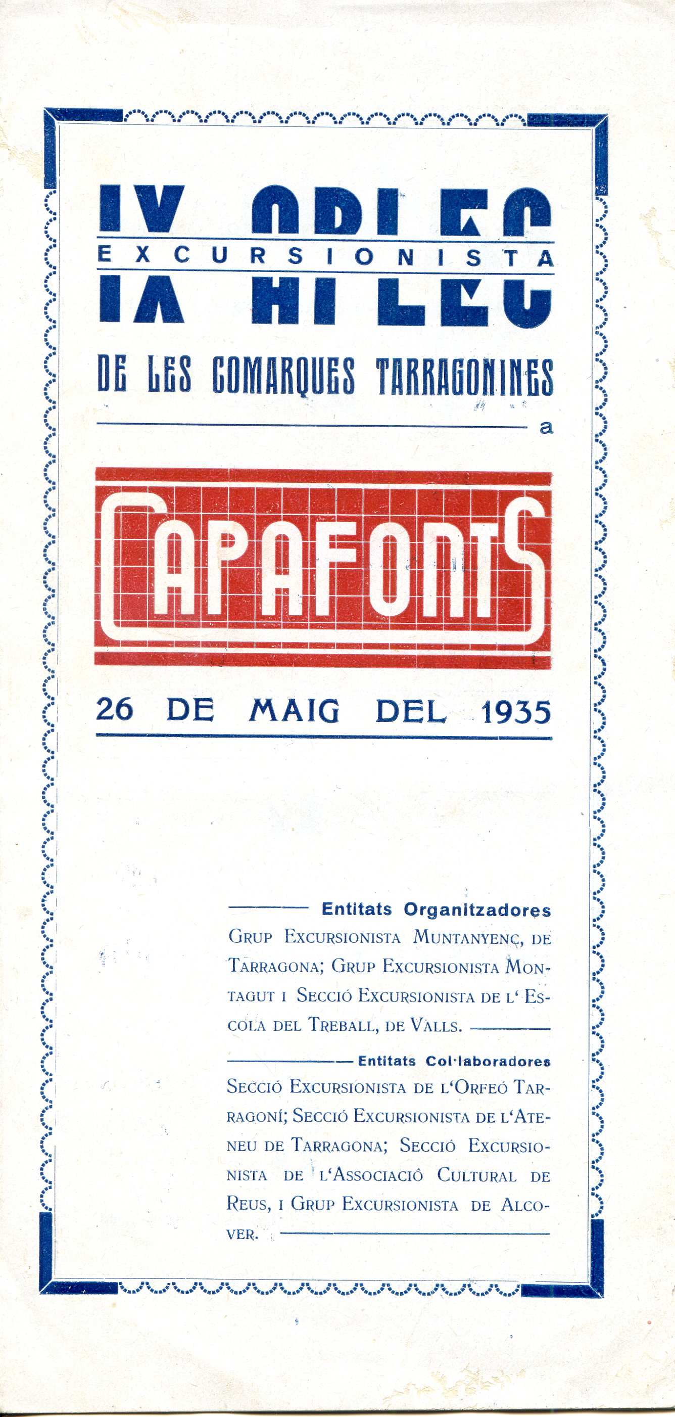 IX Aplec excursionista de les comarques Tarragonines a Capafonts : 26 de maig del 1935 - Portada