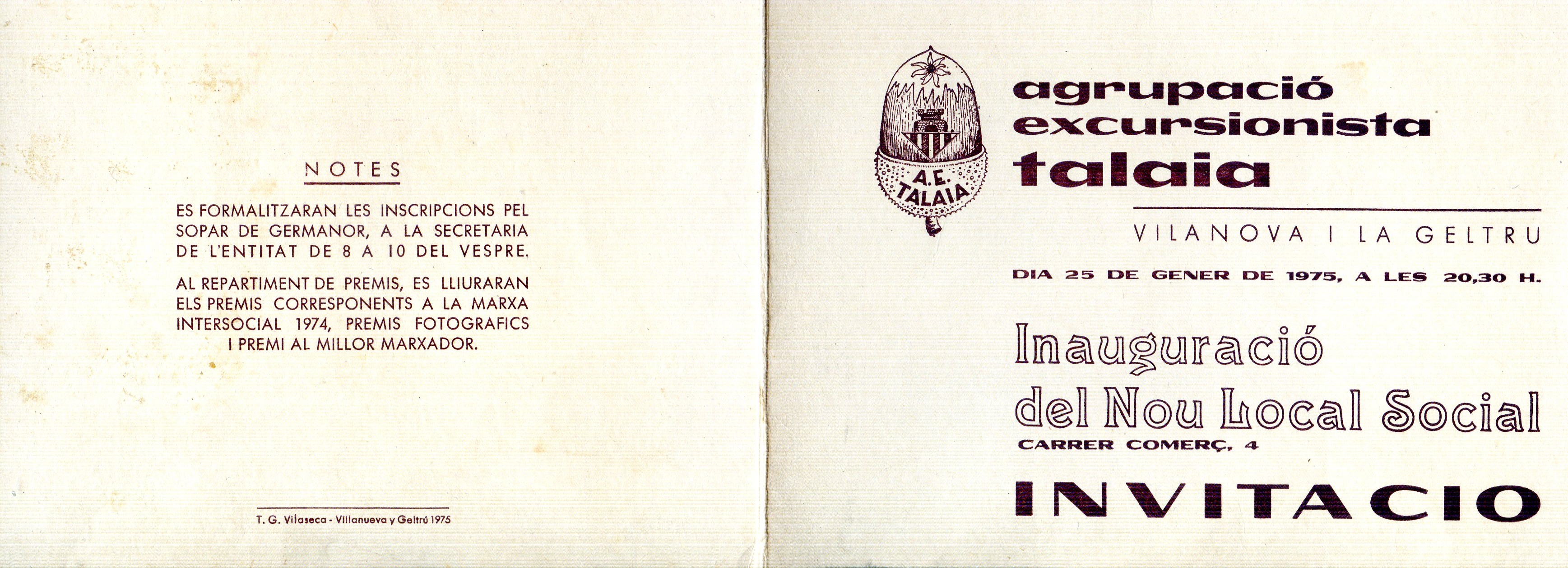 Inauguració de Nou Local Social : Carrer Comerç, 4 : Invitació : Dia 25 de gener de 1975, a les 20:30 H. - Portada