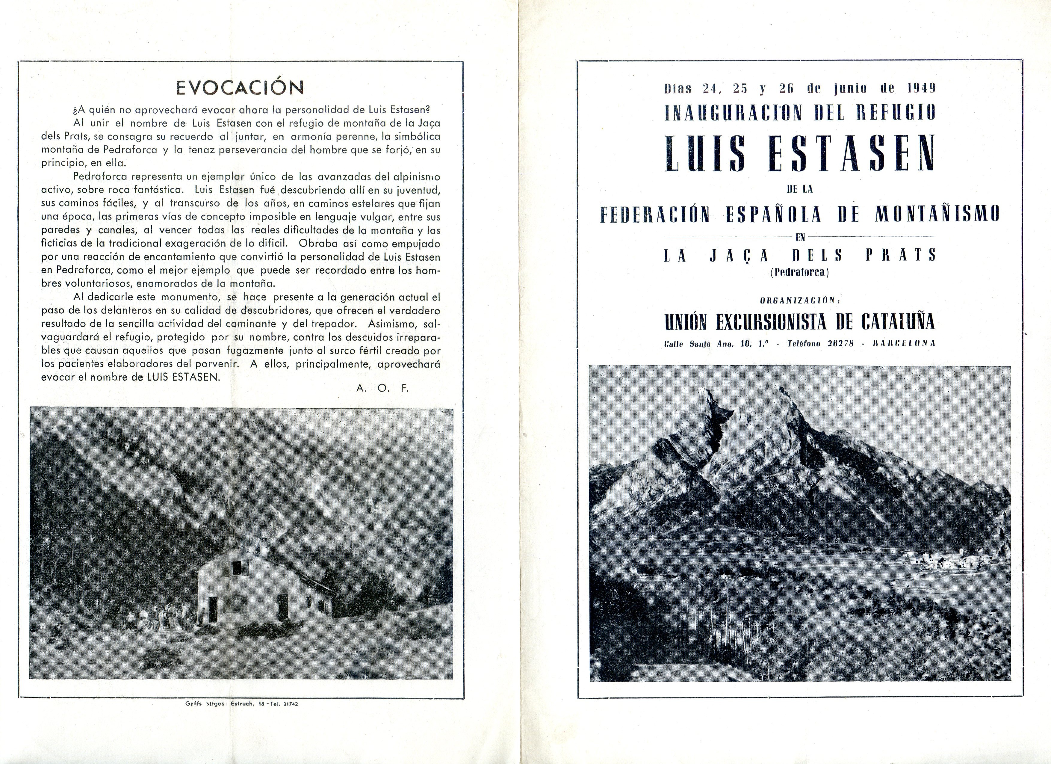 Inauguración del Refugio Luis Estasen de la Federación Española de Montañismo en la Jaça dels Prats (Pedraforca) : Días 24, 25 y 26 de junio de 1949 - Portada