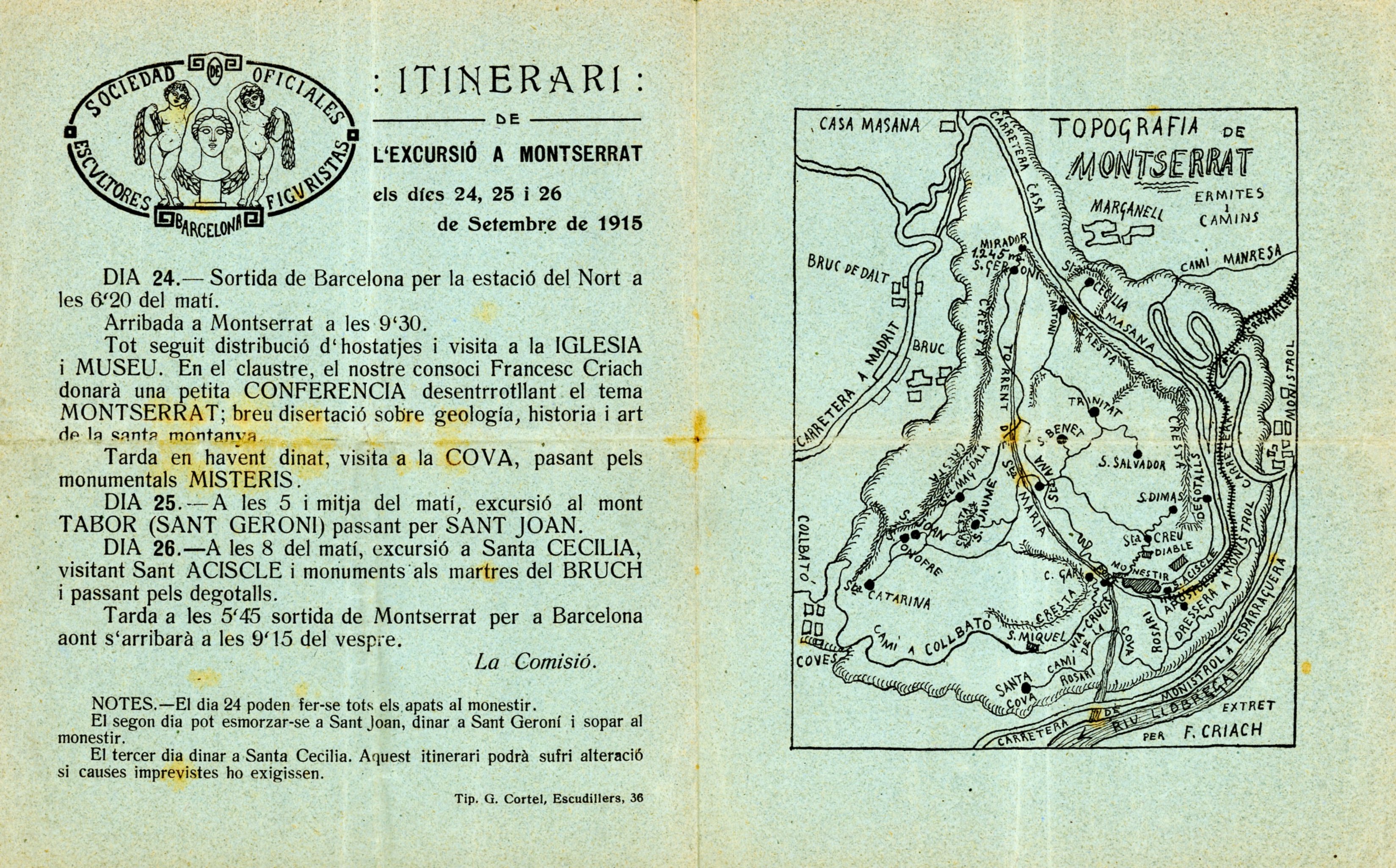 Itinerari de l'excursió a Montserrat els dies 24, 25 i 26 de Setembre de 1915 - Portada