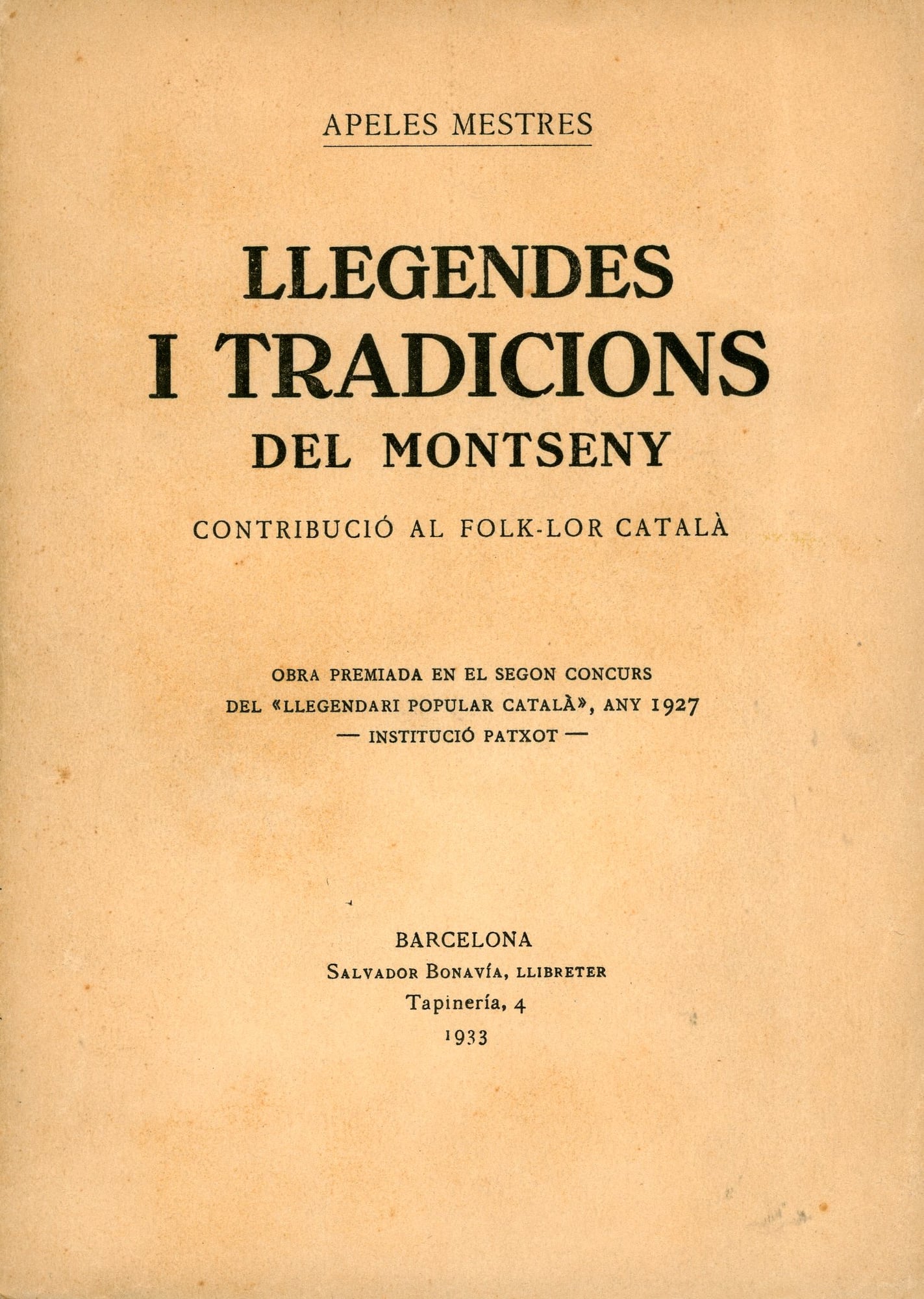Llegendes i tradicions del Montseny : Contribució al folk-lor Català - Portada