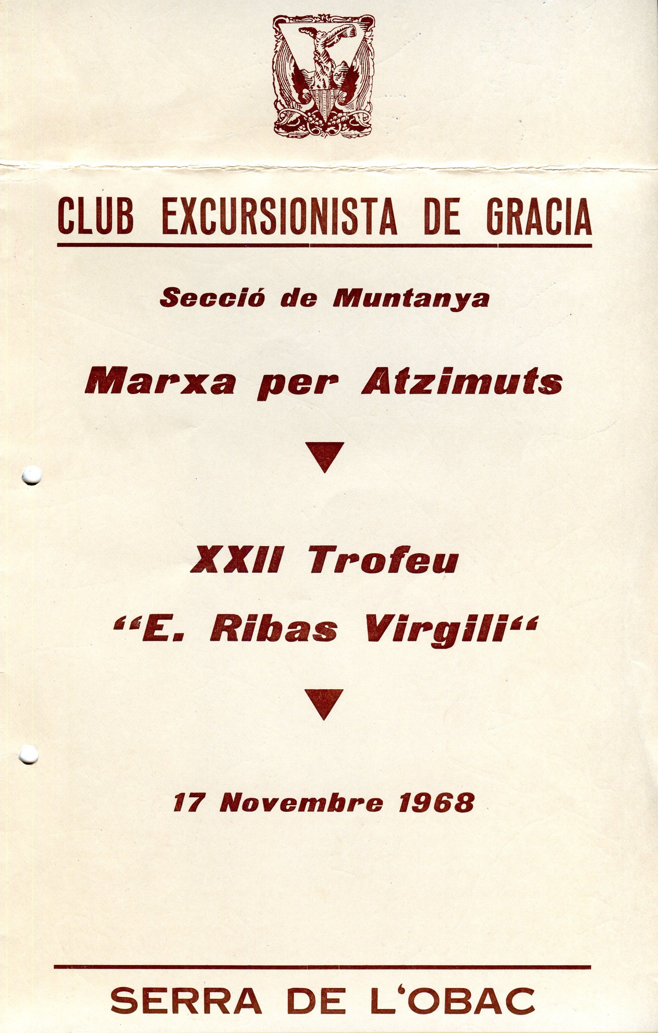Marxa per Atzimuts : XXII Trofeu "E. Ribas Virgili" : 17 novembre 1968 : Serra de l'Obac - Portada