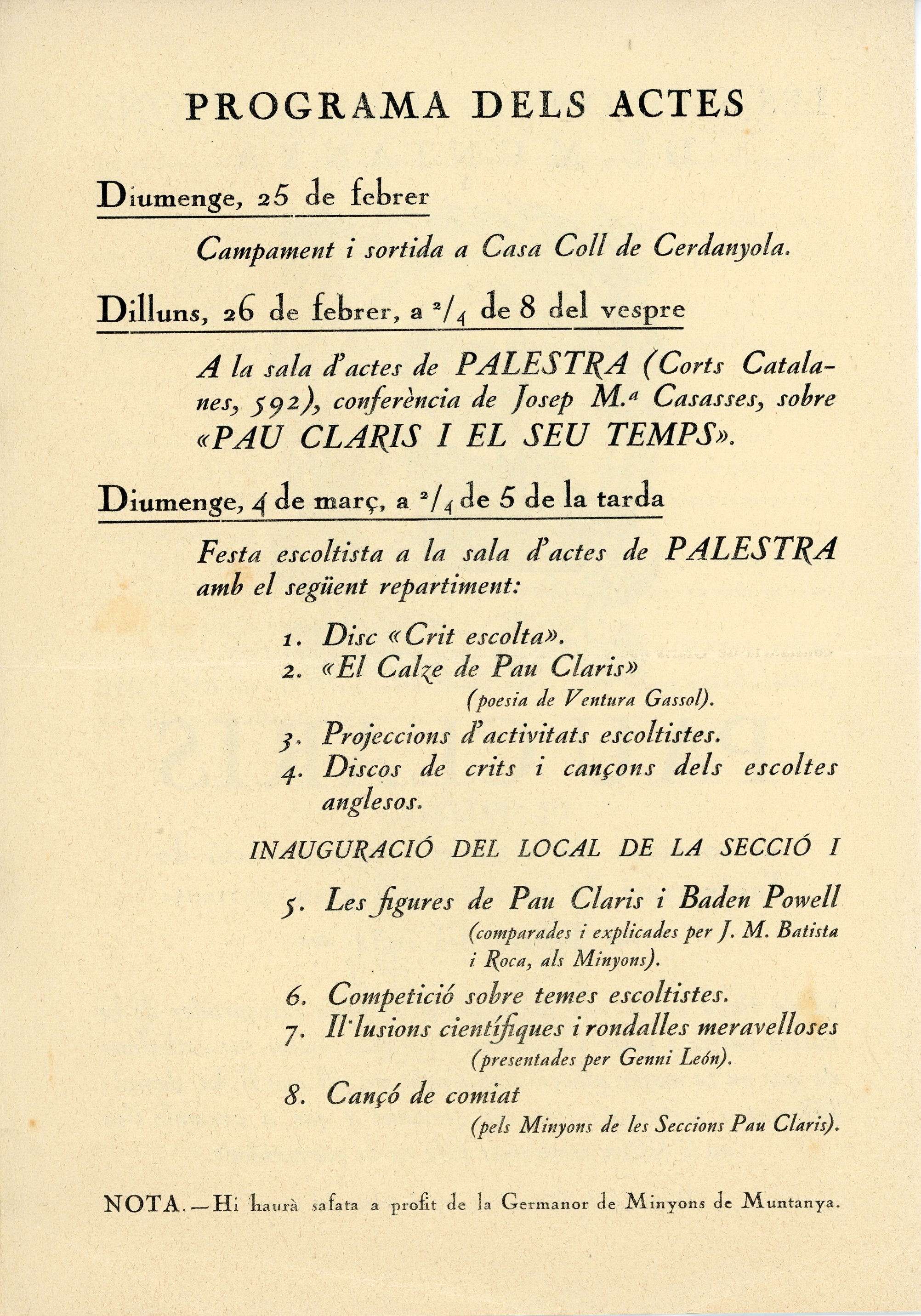 Seccions I i II de Minyons de Muntanya Pau Claris de "Palestra" us convidem als actes en commemoració de l'aniversari de la mort del gran patriota - Miniatura 2