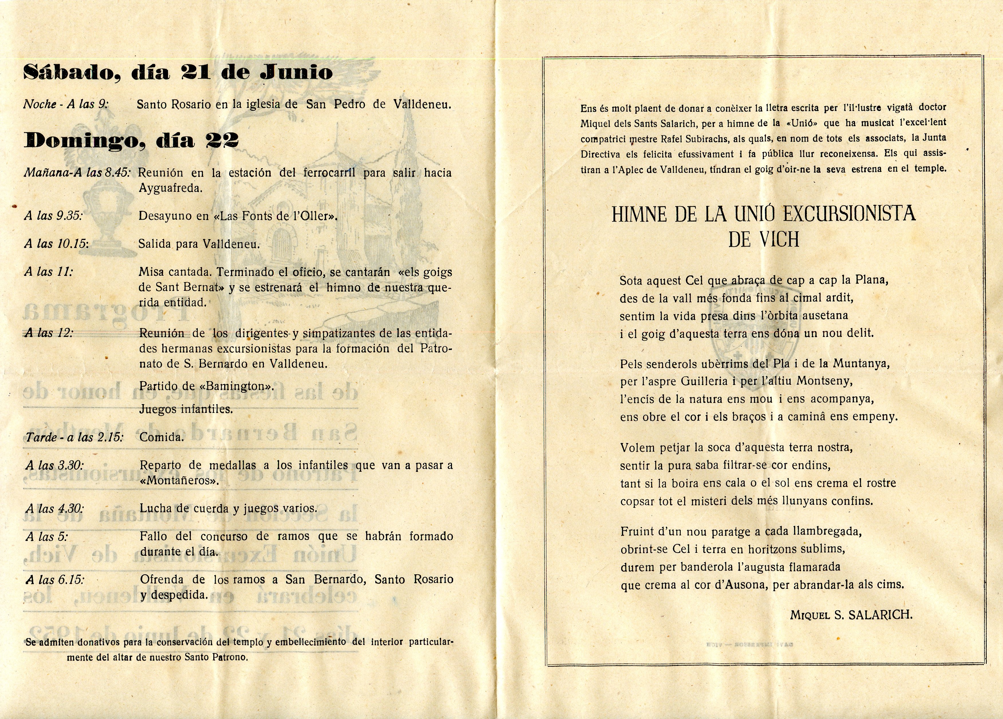 Programa de las fiestas que, en honor de San Bernardo de Menthón, Patrono de los excursionistas, la Sección de Montaña de la Unión Excursionista de Vich, celebrada en Valldeneu, los días 21 y 22 de Junio de 1952 - Miniatura 2