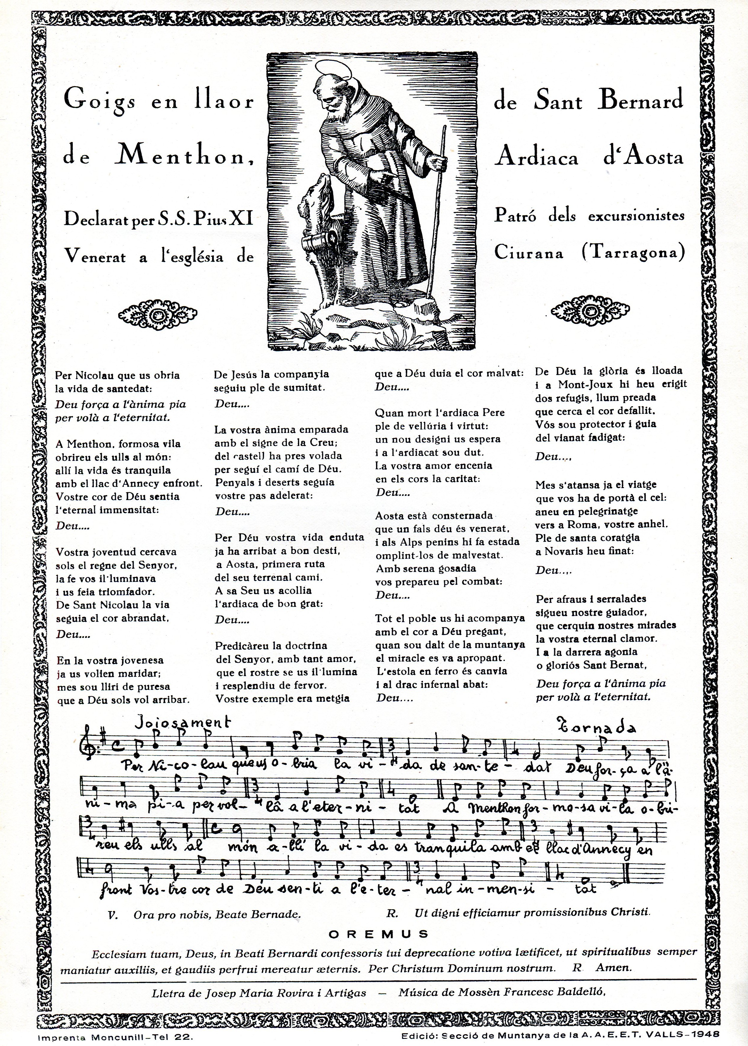 Goigs en llaor de Sant Bernard de Menthon, Ardiaca d'Aosta : Declarat per S. S. Pius XI : Patró dels excursionistes : Venerat a l'esglésis de Ciurana (Tarragona) - Portada