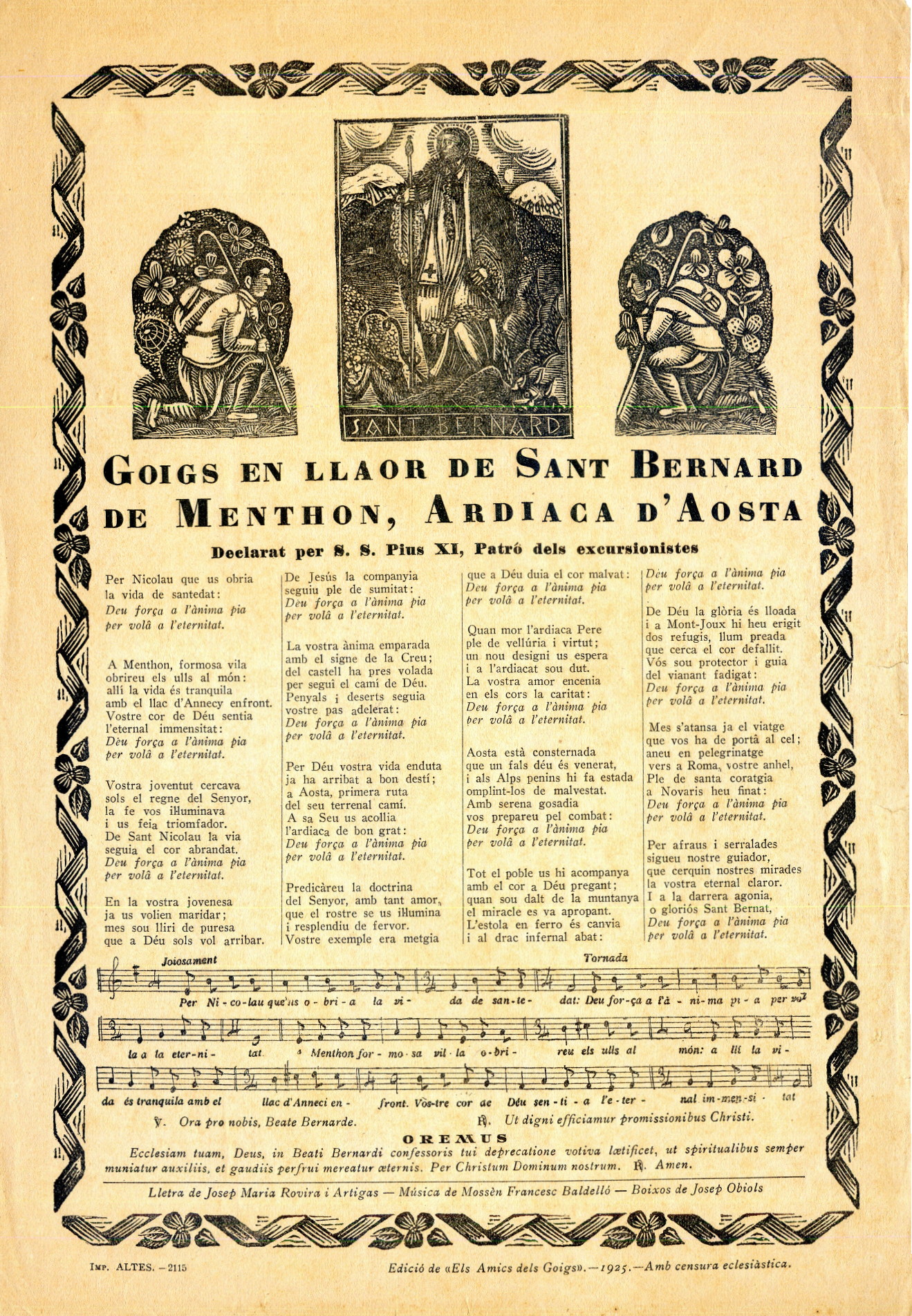 Goigs en llaor de Sant Bernard de Menthon, Ardiaca d'Aosta : Declarat per S. S. Pius XI, Patró dels excursionistes - Portada