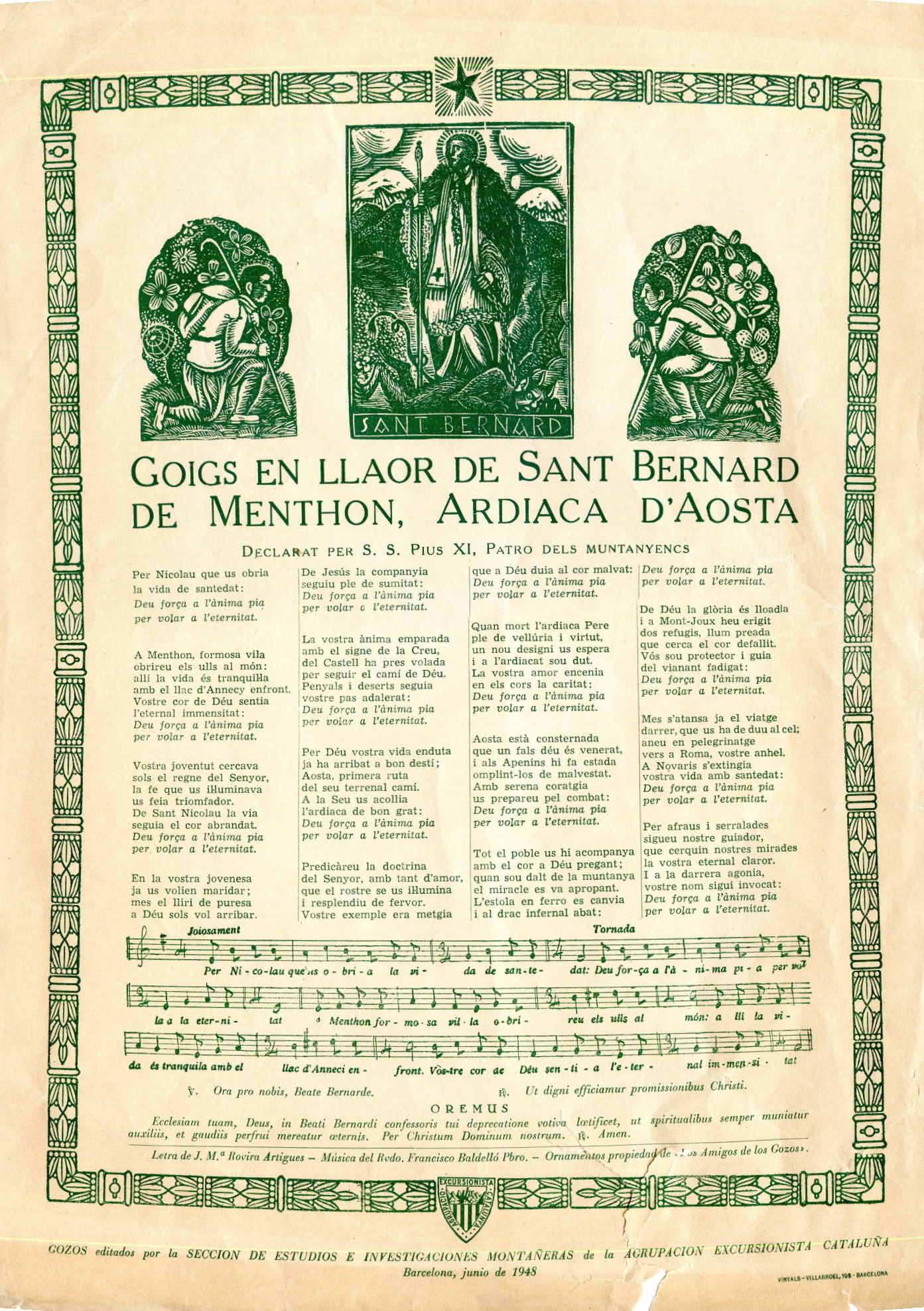 Goigs en llaor de Sant Bernard de Menthon, Ardiaca d'Aosta : Declarat per S. S. Pius XI, patró dels muntanyencs - Portada
