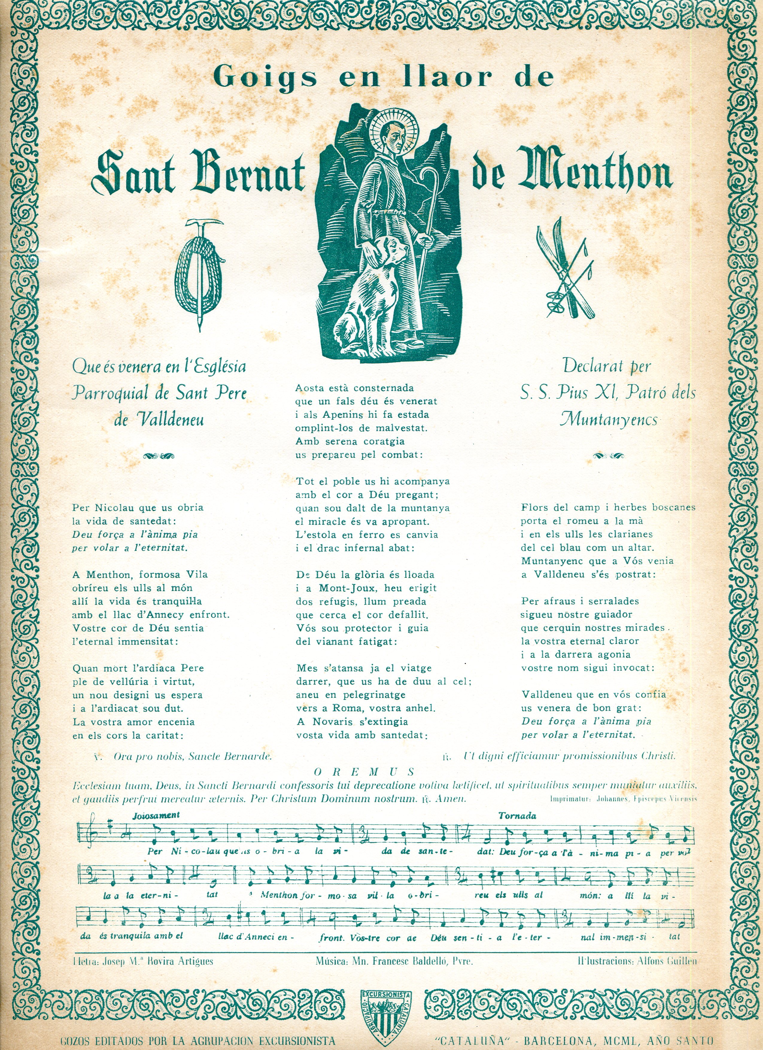 Goigs en llaor de Sant Bernat de Menthon : Que es venera en l'Església Parroquial de Sant Pere de Valldeneu : Declarat per S. S. Pius XI, Patró dels Muntanyencs - Portada