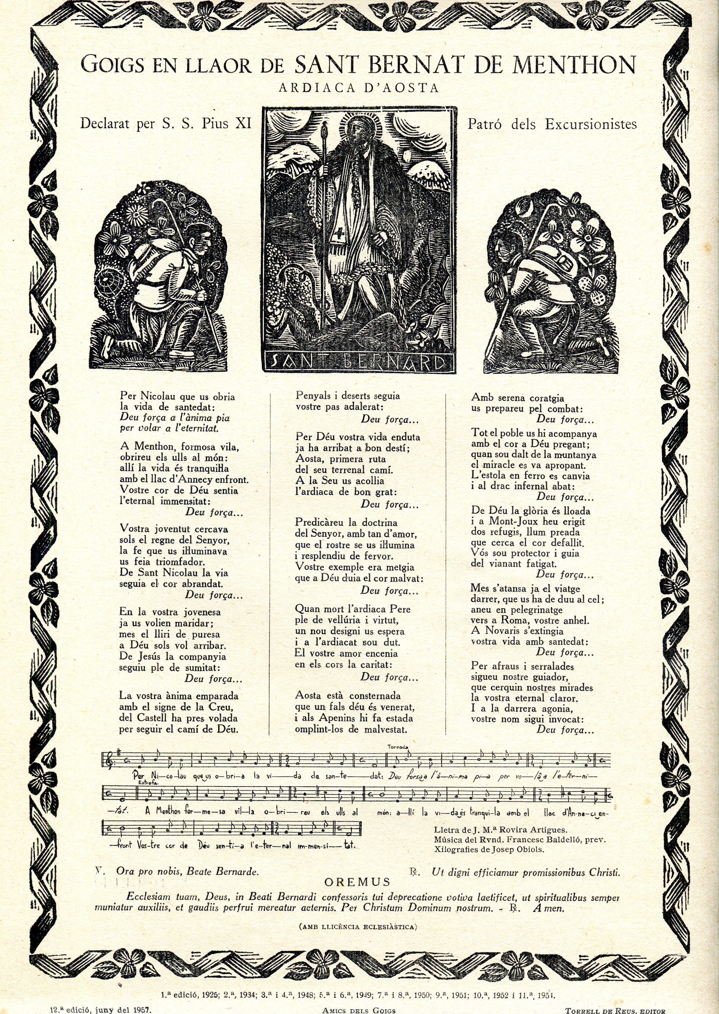 Goigs en llaor de Sant Bernat de Menthon : Arxidiaca d'Aosta : Declarat per S. S. Pius XI : Patró dels Excursionistes - Portada