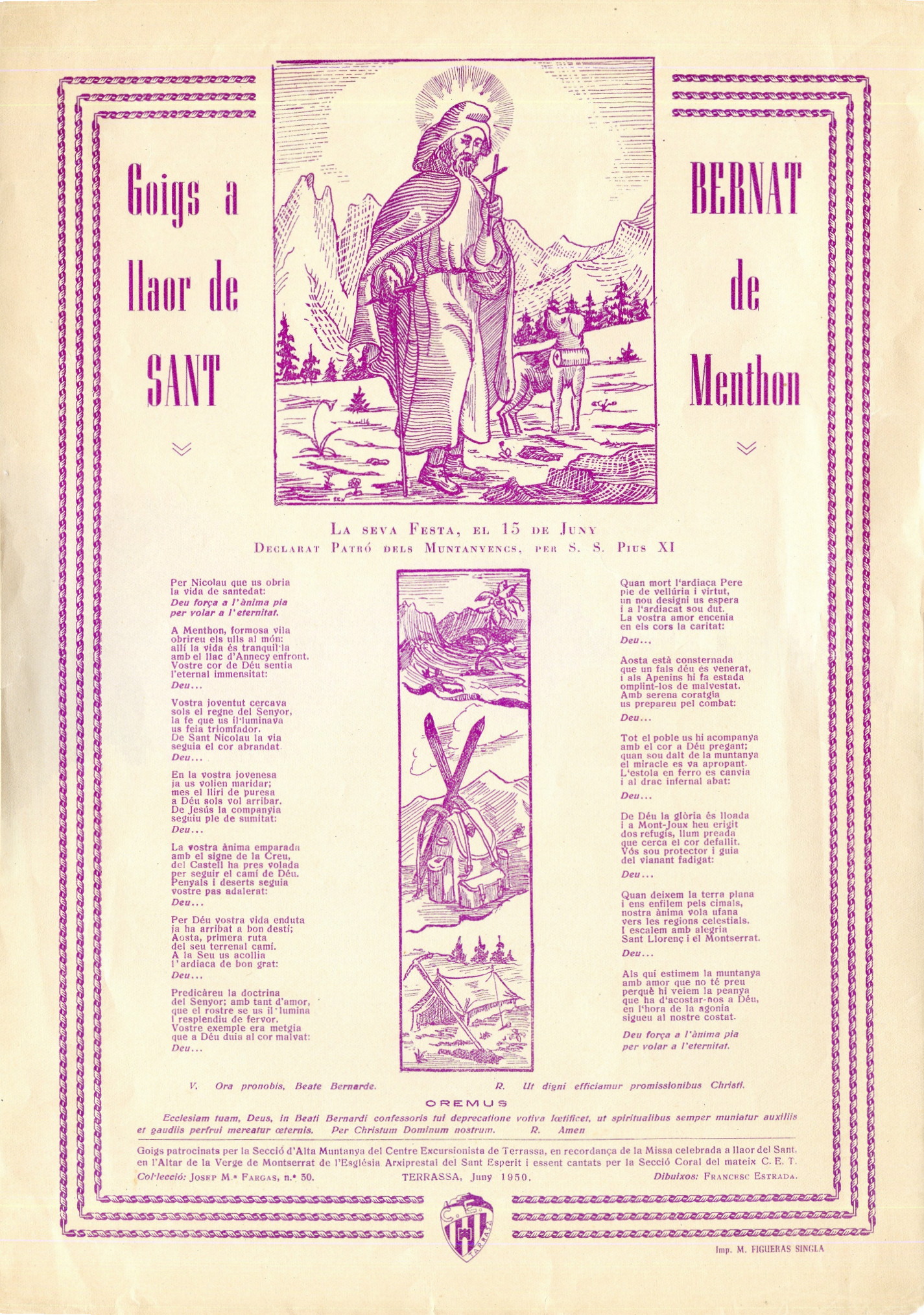 Goigs a llaor de Sant Bernat de Menthon : La seva Festa, el 15 de juny : Declarat Patró dels Muntanyencs, per S. S. Pius XI - Portada