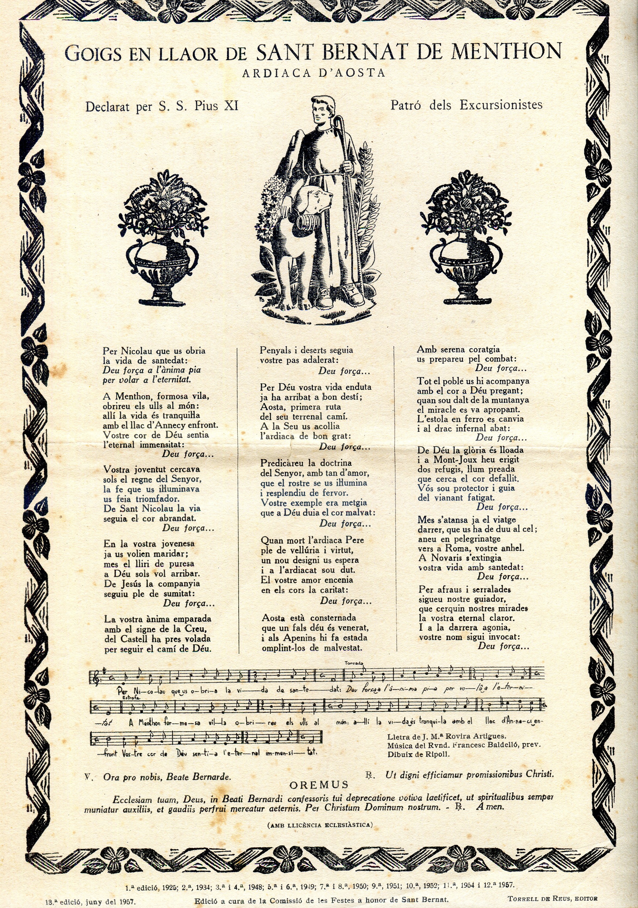 Goigs en llaor de Sant Bernat de Menthon : Arxidiaca d'Aosta : Declarat per S. S. Pius XI : Patró dels Excursionistes - Portada