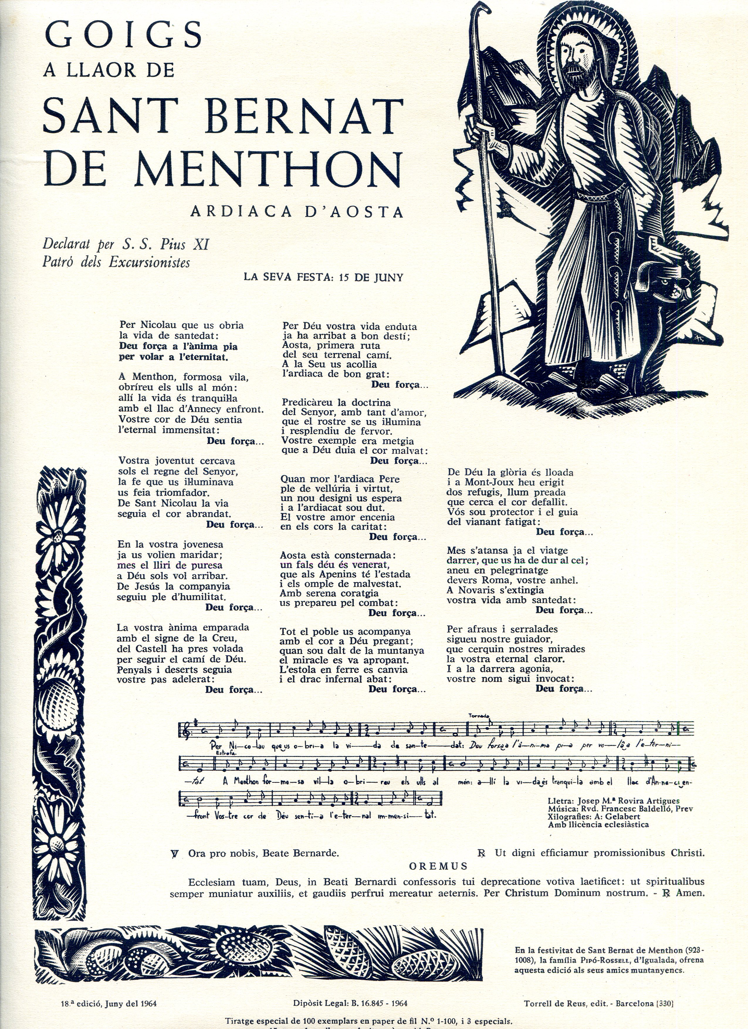 Goigs a llaor de Sant Bernat de Menthon : Ardiaca d'Aosta : Declarat per S. S. Pius XI : Patró dels excursionistes : La seva festa 15 de juny - Portada