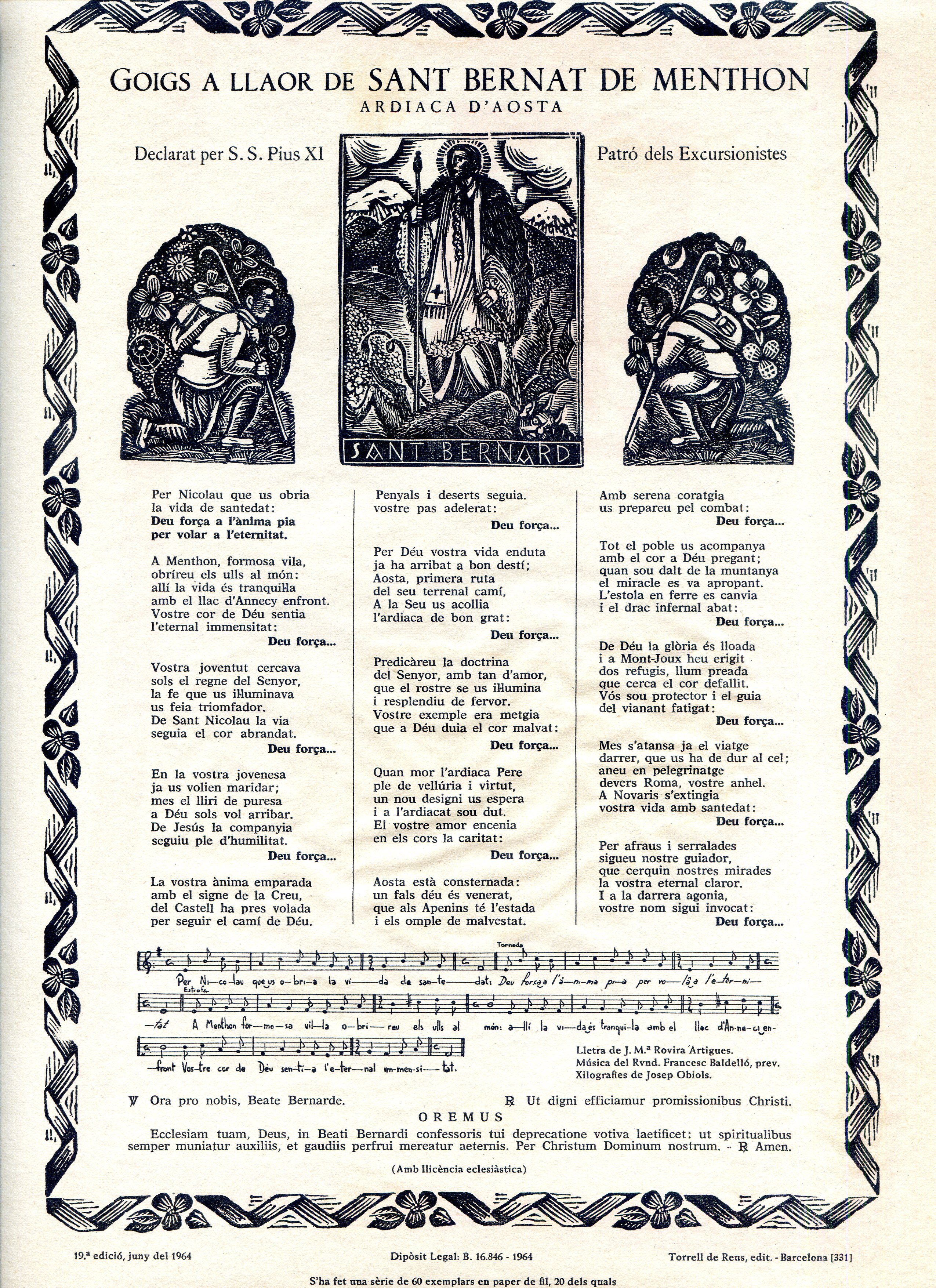Goigs a llaor de Sant Bernat de Menthon : Ardiaca d'Aosta : Declarat per S. S. Pius XI : Patró dels excursionistes - Portada