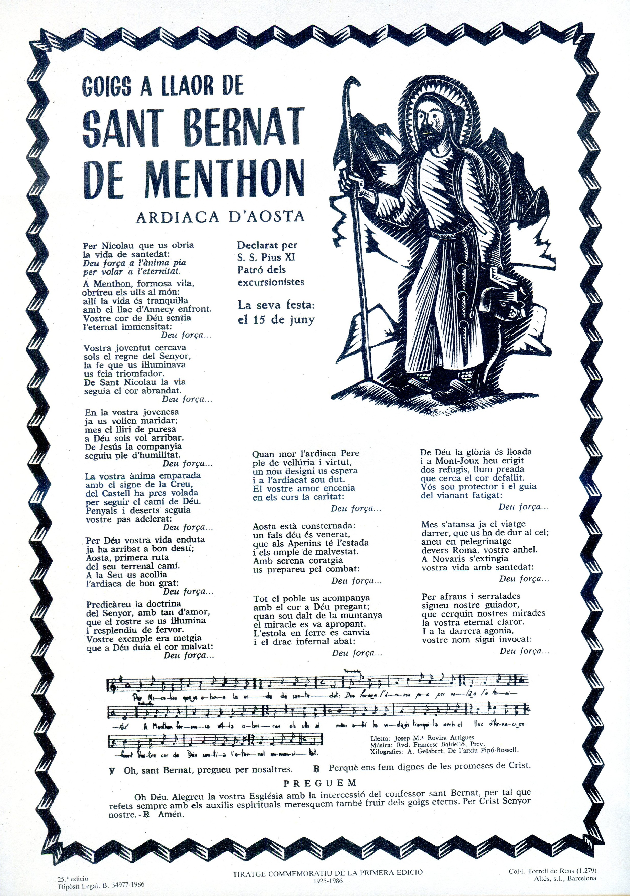 Goigs a llaor de Sant Bernat de Menthon : Ardiaca d'Aosta : Declarat per S. S. Pius XI : Patró dels excursionistes : La seva festa: el 15 de juny - Portada