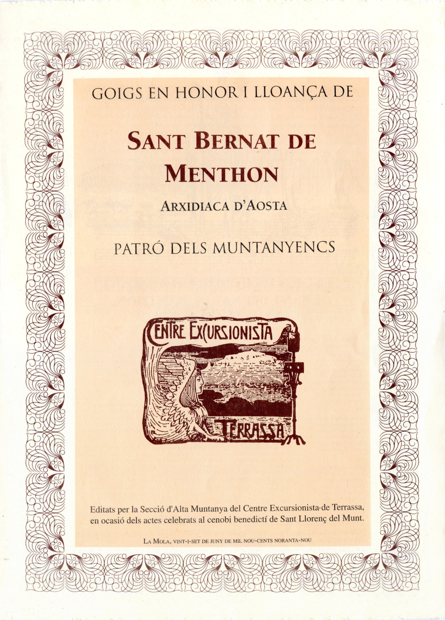 Goigs en honor i lloança de Sant Bernat de Menthon arxidiaca d'Aosta patró dels muntanyencs - Portada