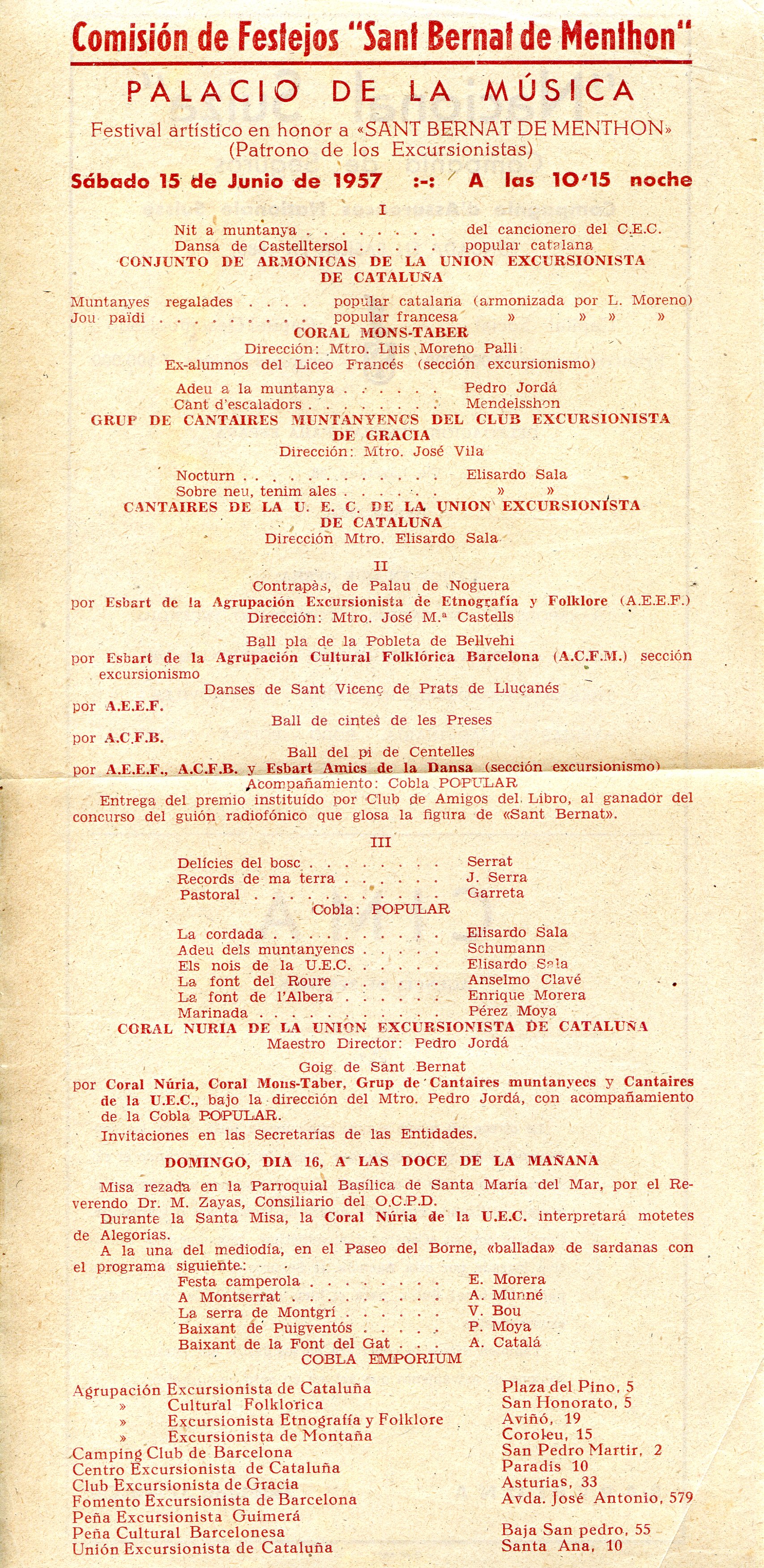 Comisión de Festejos "Sant Bernat de Menthon" : Palacio de la música : Festival artístico en honor a "Sant Bernat de Menthon" (Patrona de los Excursionistas) - Portada