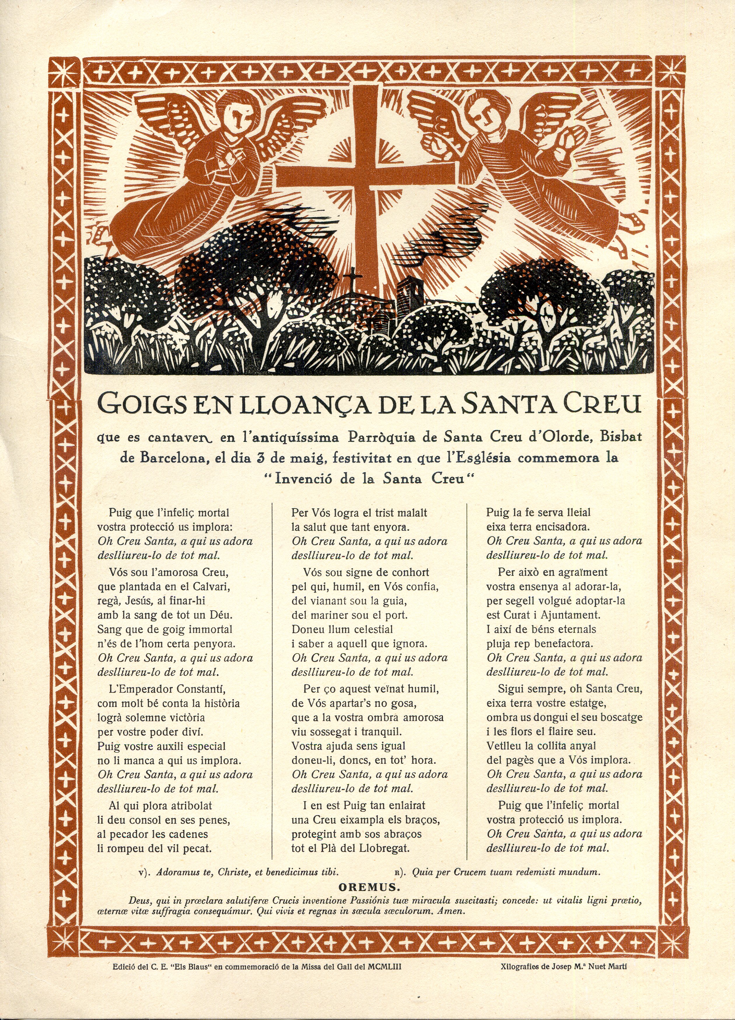 Goigs en lloança de la Santa Creu que es cantaven en l'antiquíssima >Parròquia de Santa Creu d'Olorde, Bisbat de Barcelona, el dia 3 de maig, festivitat en que l'Església commemora la "Invenció de la Santa Creu" - Portada