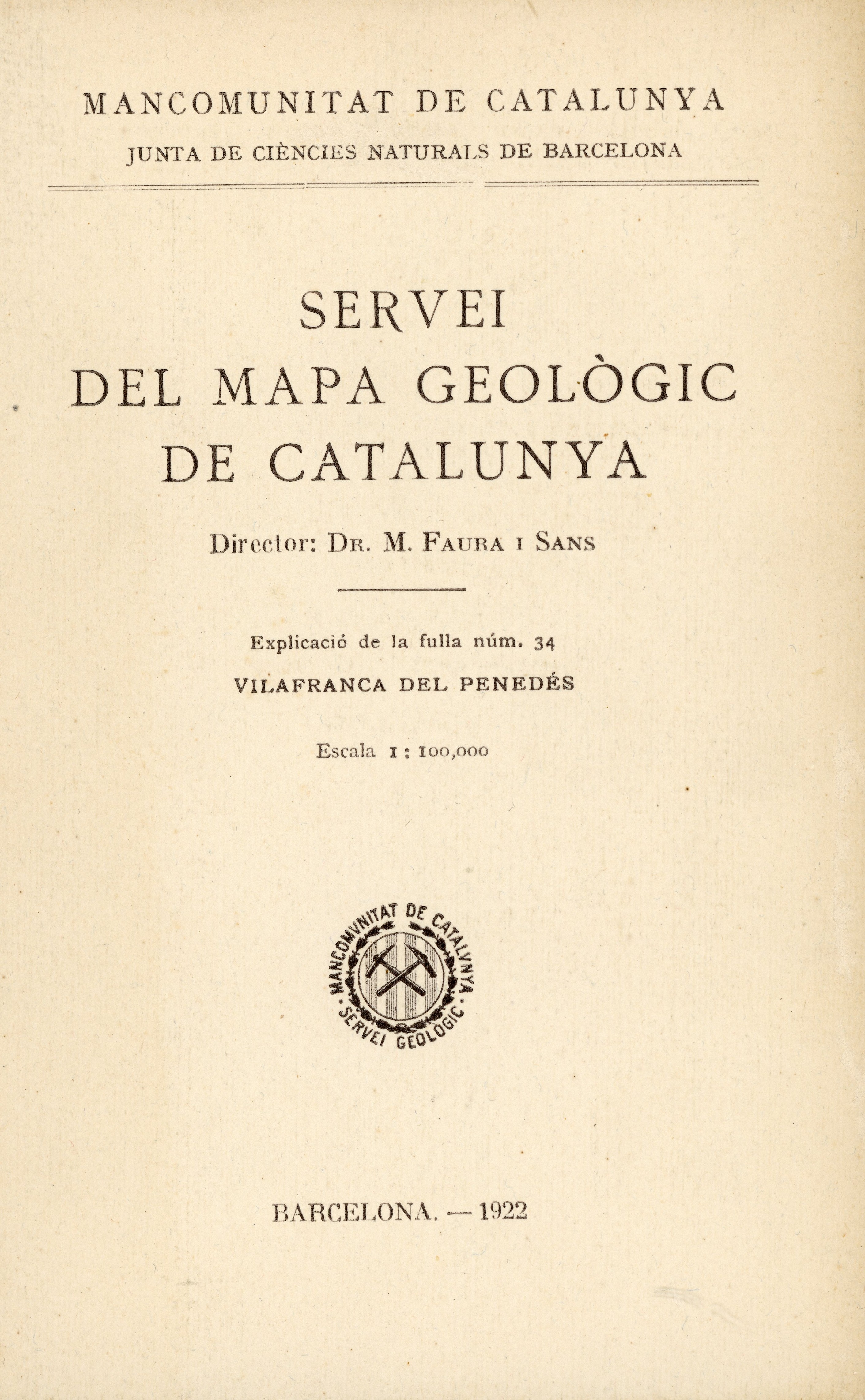 Servei del mapa geològic de Catalunya : Explicació de la fulla núm. 34 : Vilafranca del Penedés - Portada