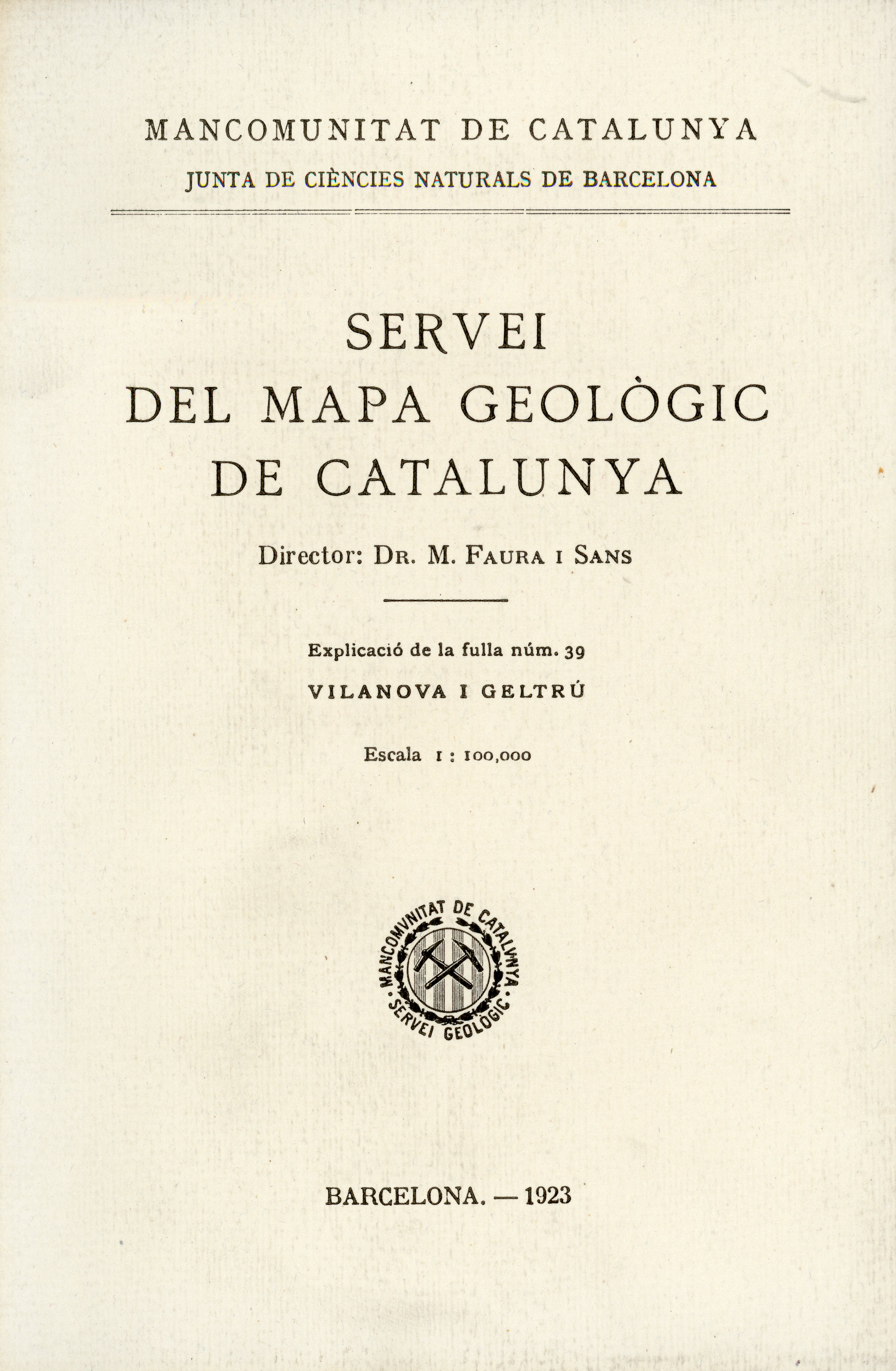 Servei del mapa geològic de Catalunya : Explicació de la fulla núm. 39 : Vilanova i Geltrú - Portada
