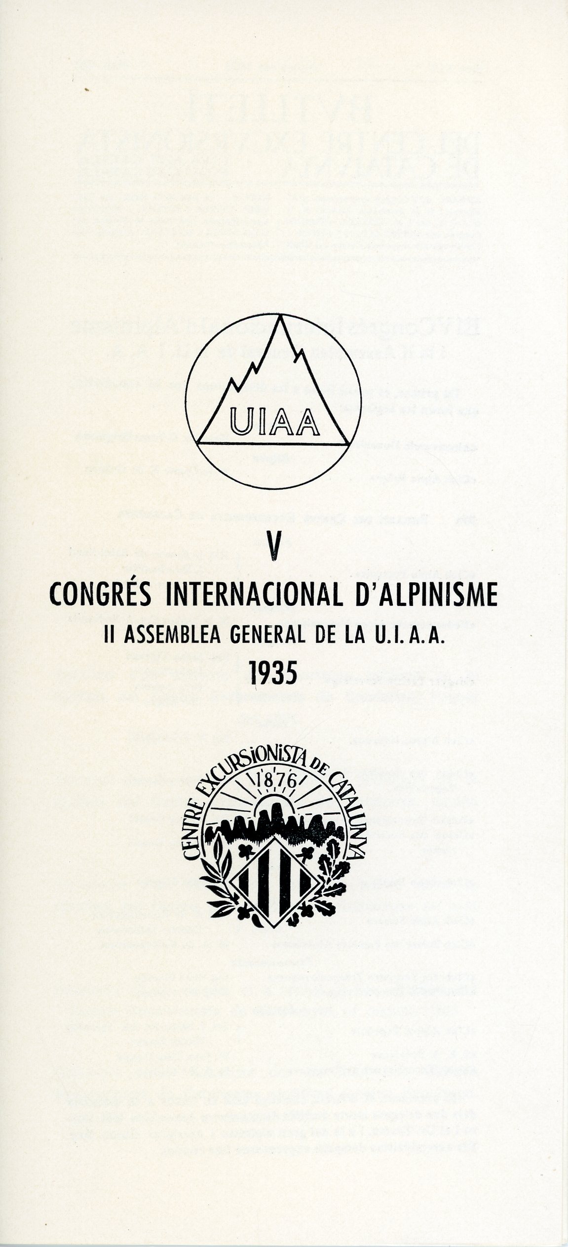 V Congrés Internacional d'Alpinisme : II Assemblea General de la U.I.A.A. 1935 - Portada