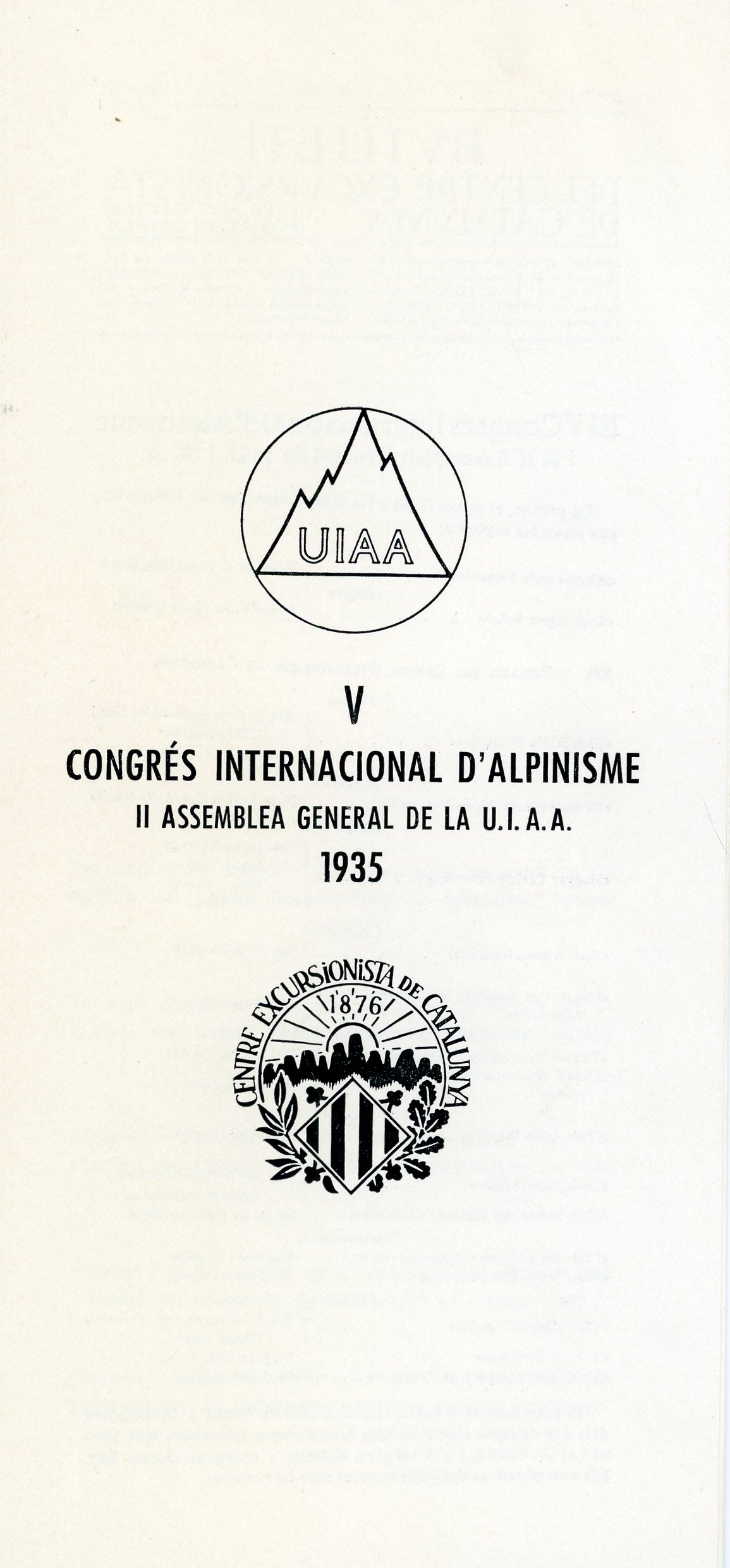 V Congrés Internacional d´Alpinisme : II Assemblea General de la U.I.A.A. 1935 - Portada