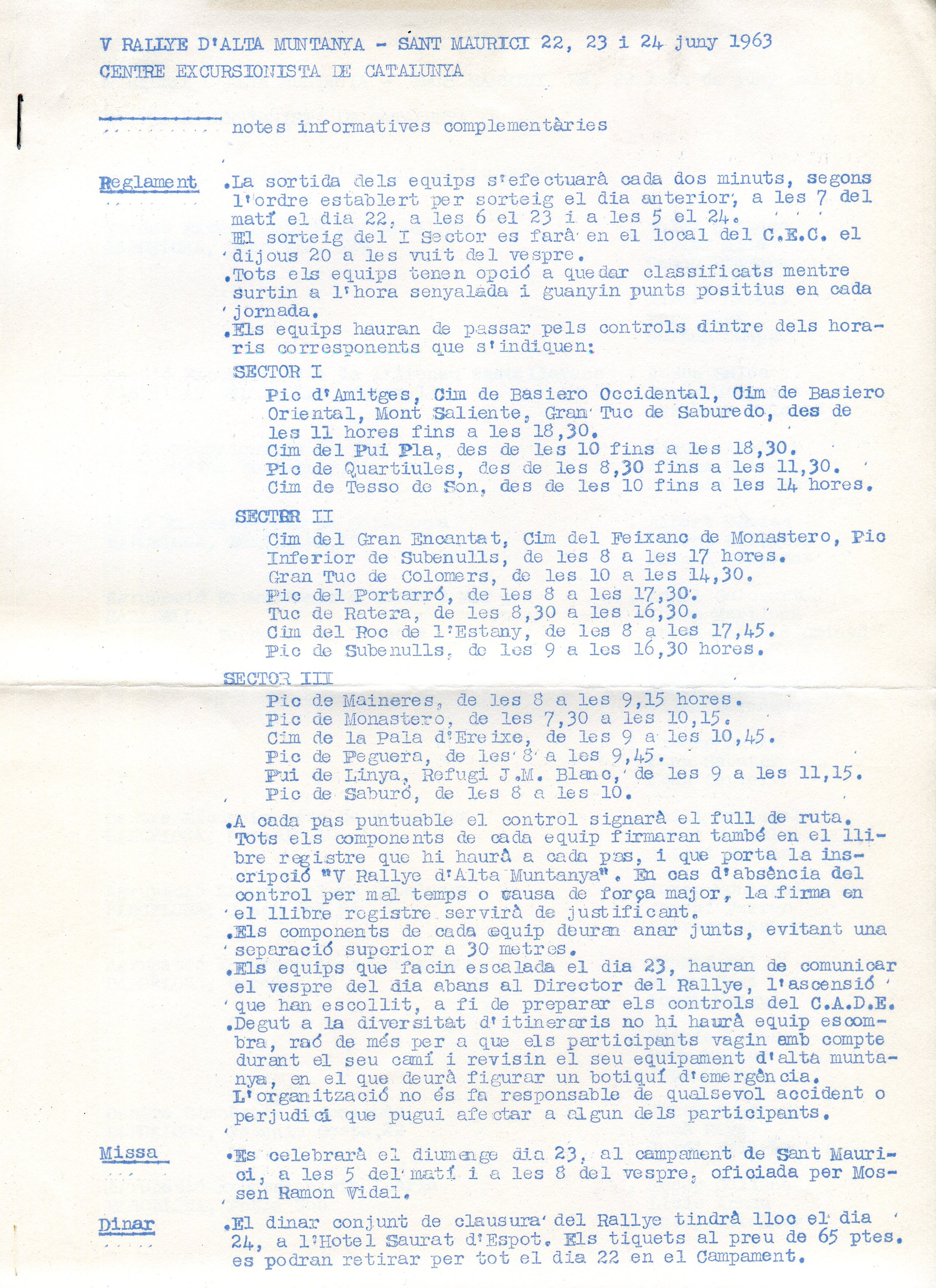 V Rallye d'alta muntanya Sant Maurici : 22 - 23 - 24 de juny de 1963 : Notes informatives complementàries - Portada