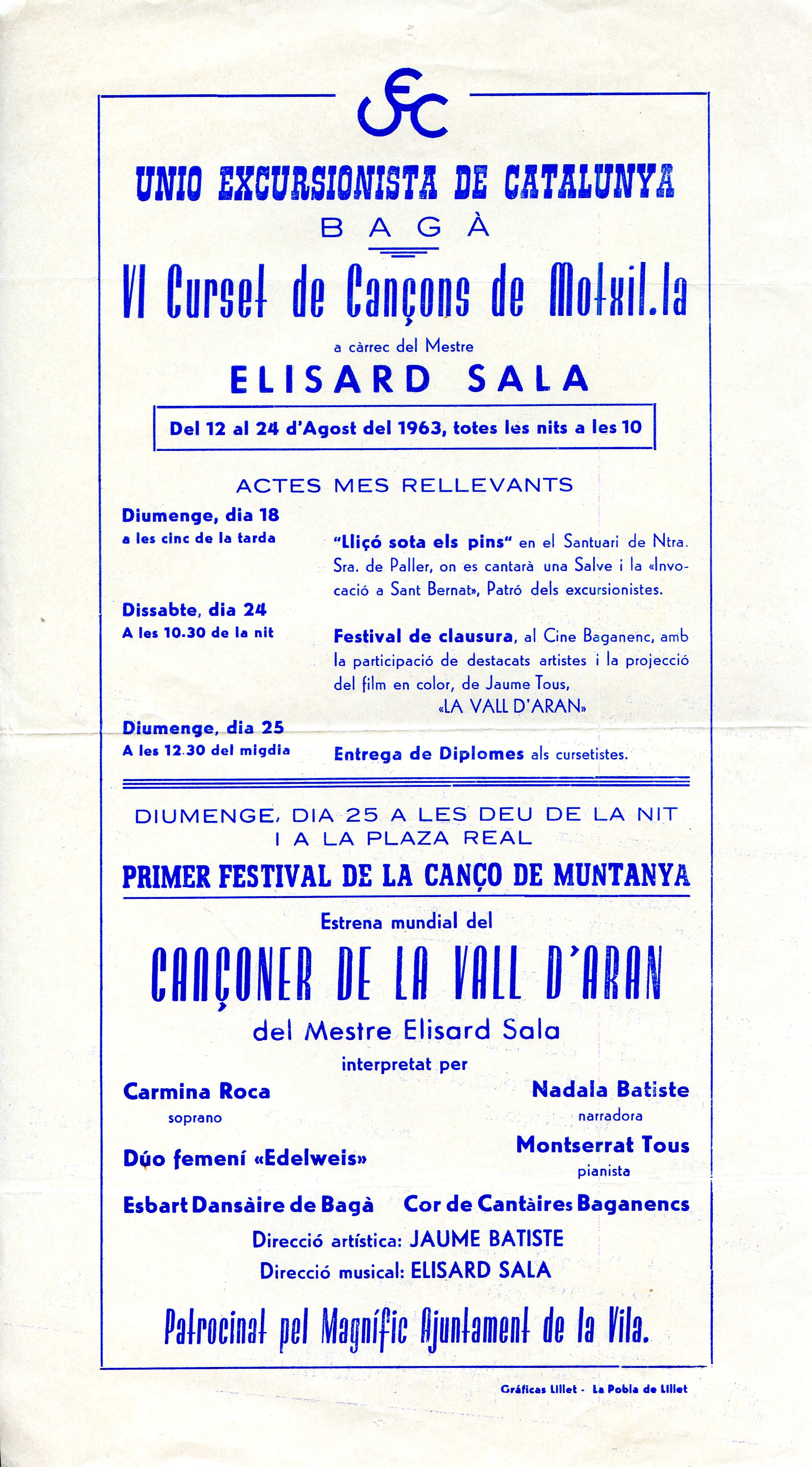 VI Curset de Cançons de Motxilla a càrrec del Mestre Elisard Sala : Primer Festival de la Cançó de Muntanya : Estrena mundial del Cançoner de la Vall d'Aran - Portada