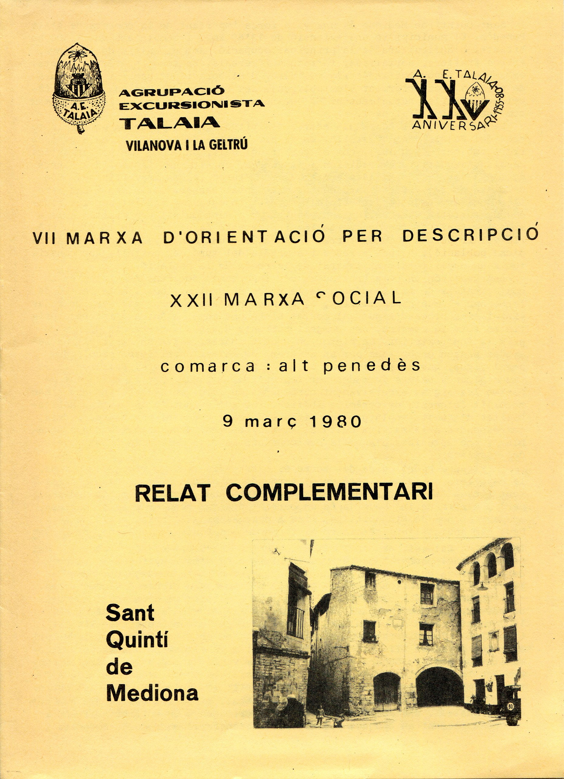 VII Marxa d'Orientació per Descripció : XXII Marxa Social : Comarca: Alt Penedès : 9 març 1980 : Relat complementari : Sant Quintí de Mediona - Portada