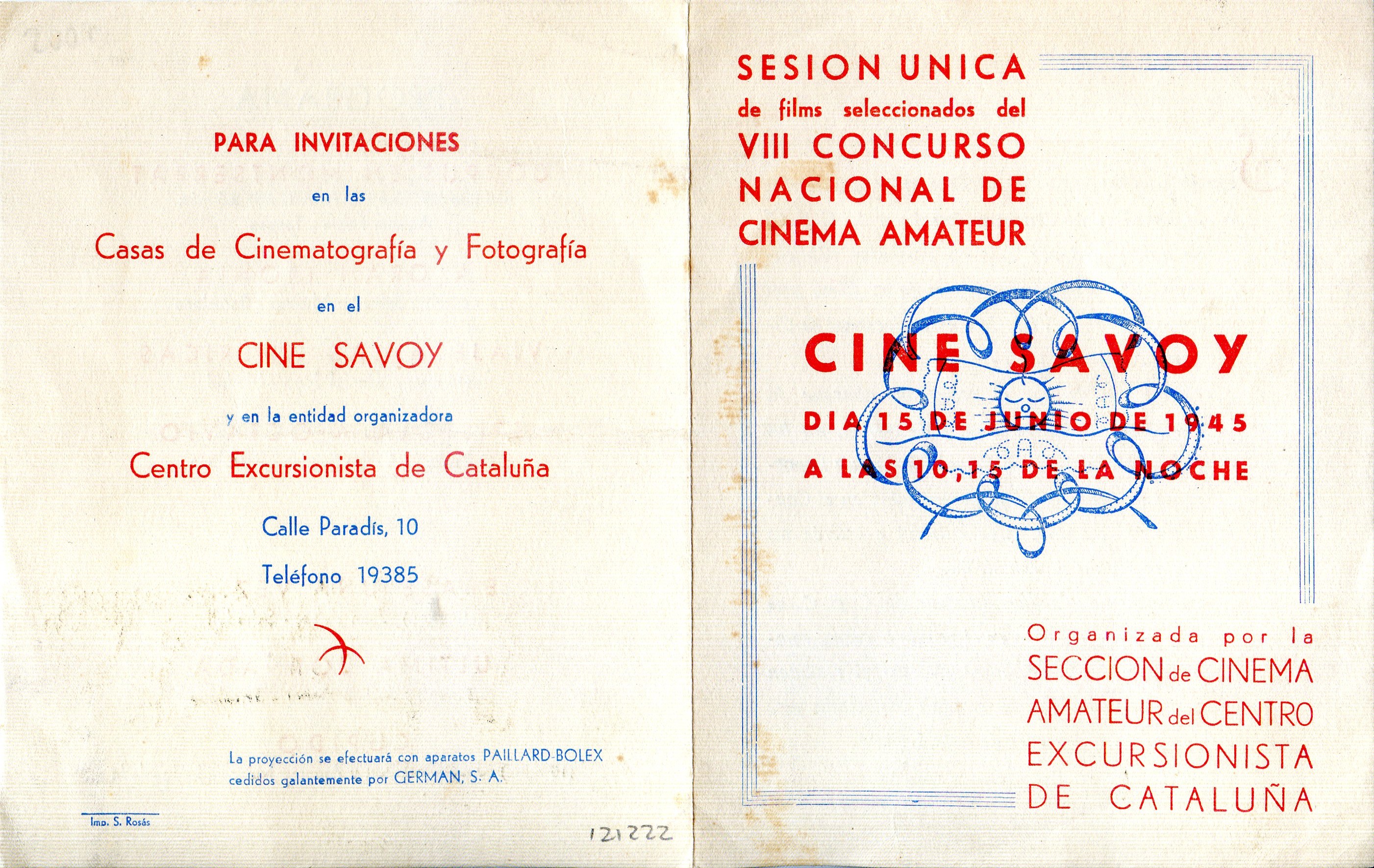 Sesión única de films seleccionados del VIII Concurso Nacional de Cinema Amateur : Cine Savoy : Día 15 de junio de 1945 a las 10,15 de la noche - Portada